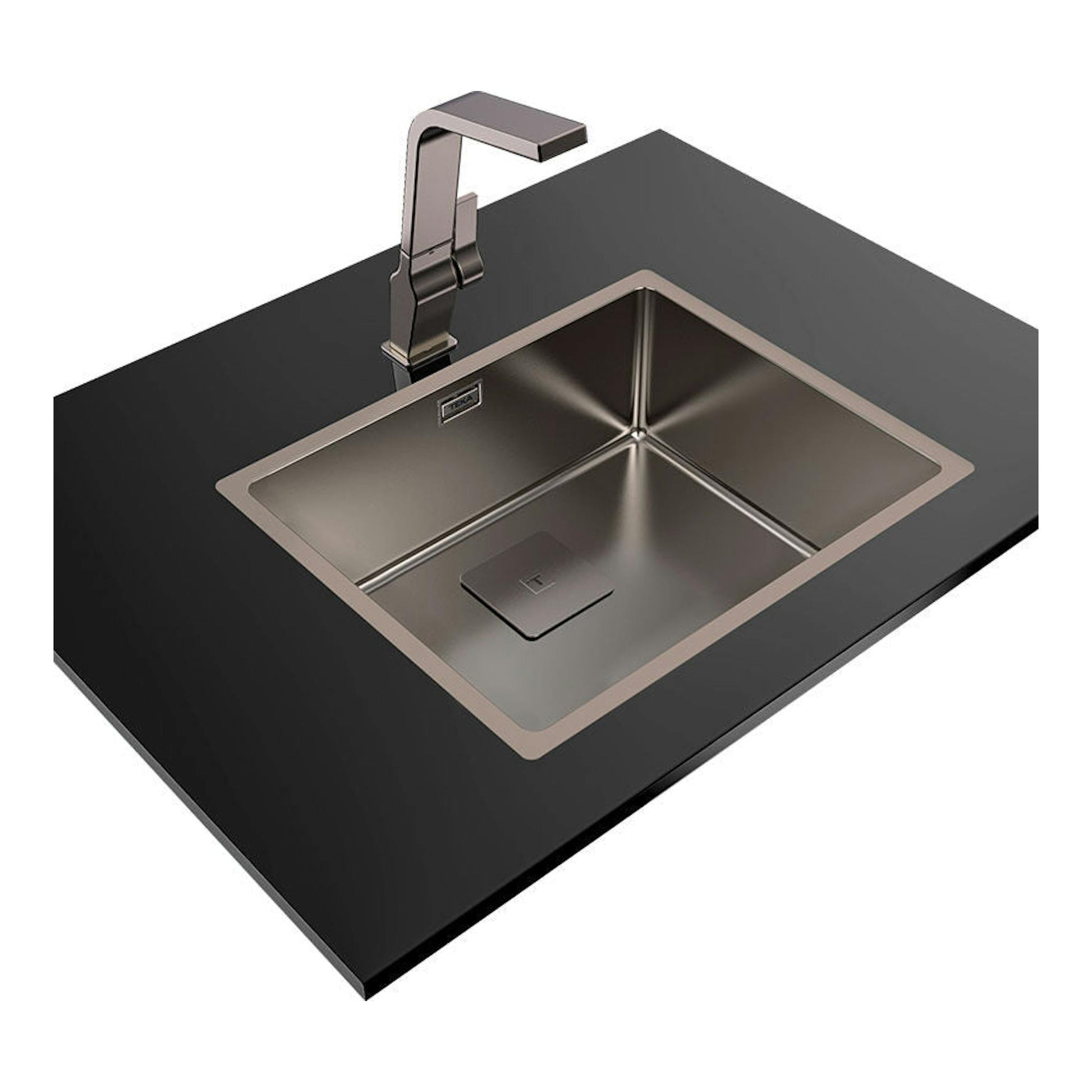 Fregadero Teka FlexLinea RS15 50.40 Titanium en encimera negra, vista en perspectiva con grifo gris.