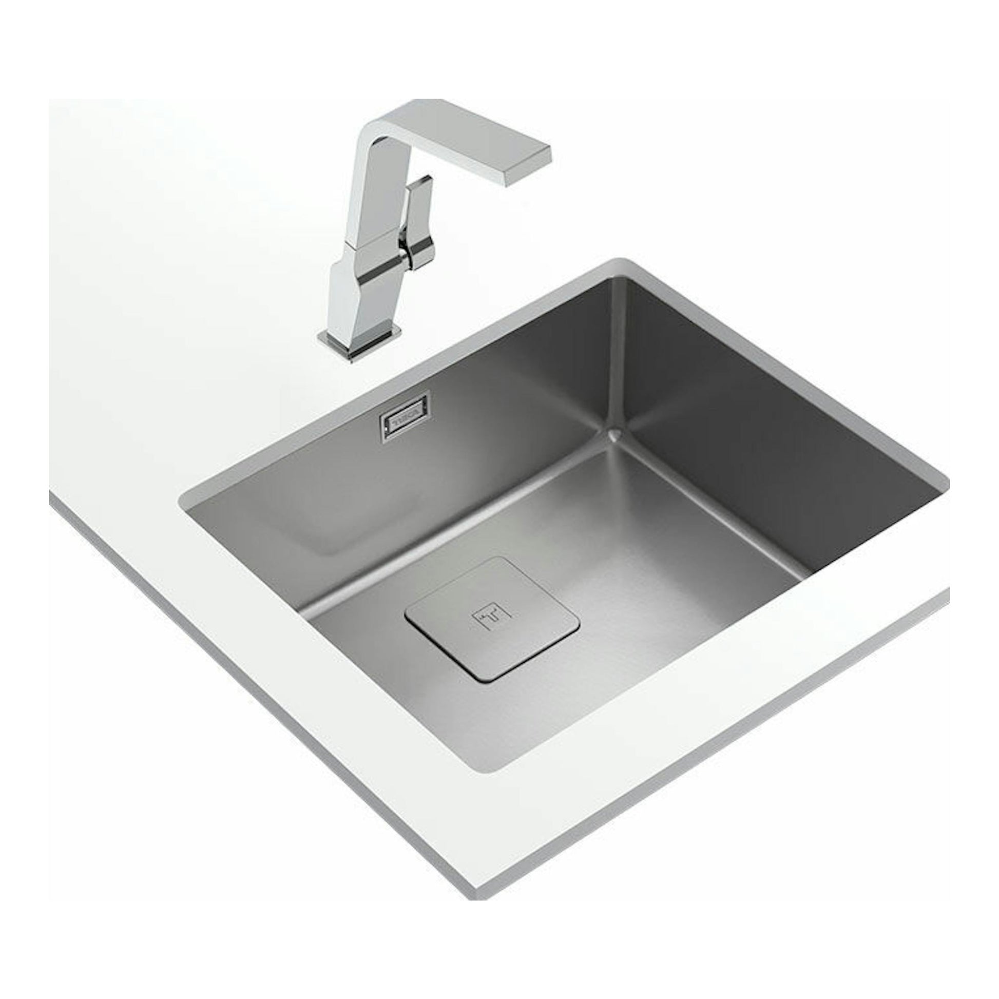 Fregadero Teka FlexLinea RS15 50.40 M-XT PureClean, vista superior oblicua, acero inoxidable con grifo cromado.