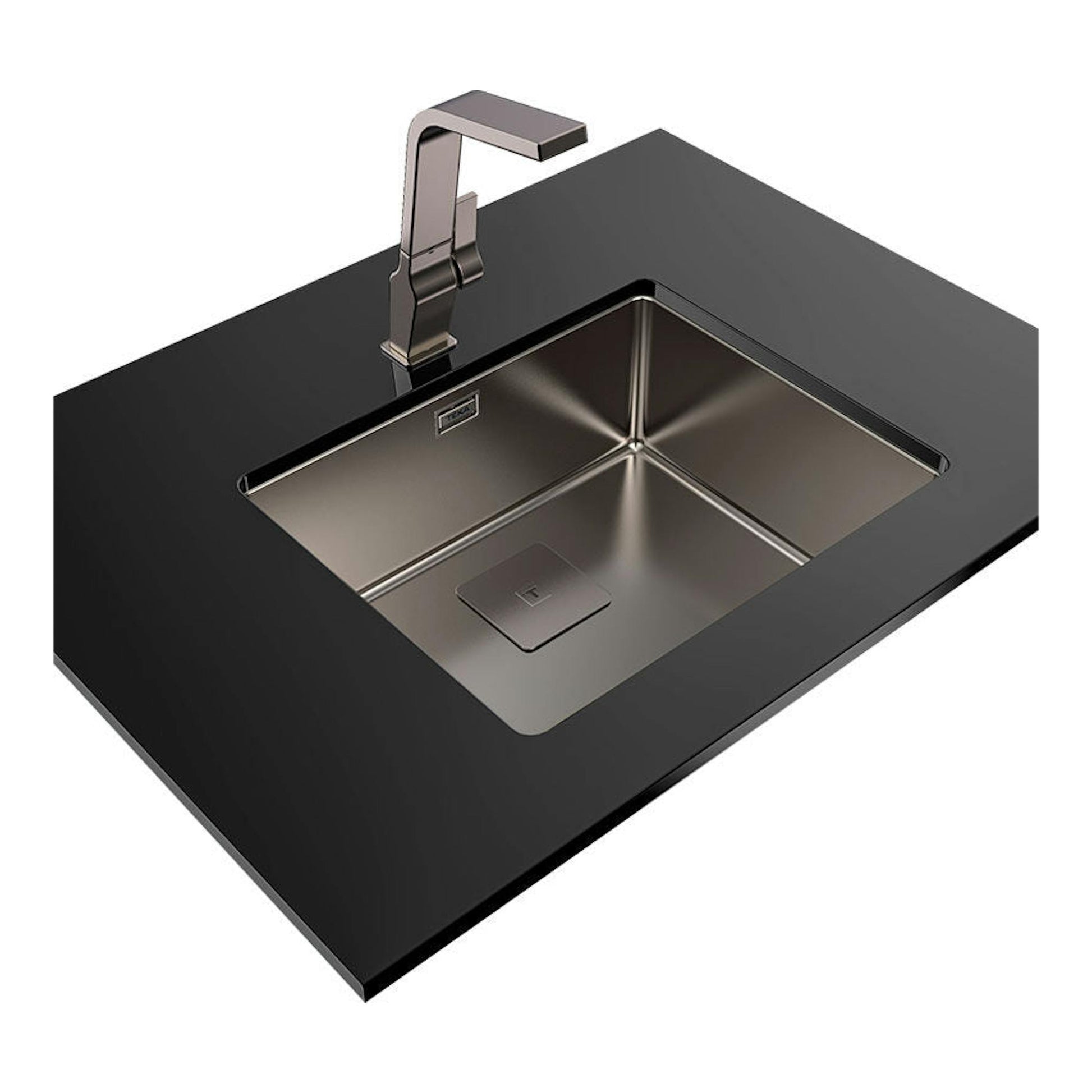 Fregadero Teka FlexLinea RS15 50.40 Titanium, vista inclinada, negro con cubeta y grifo gris.