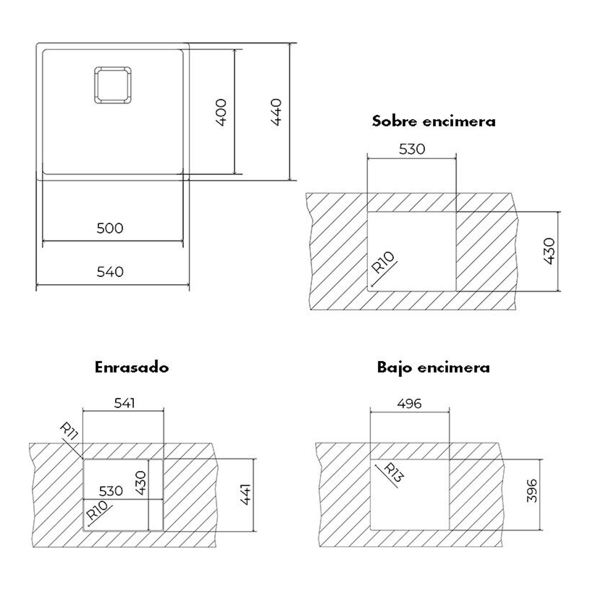 Plano técnico del fregadero Teka FlexLinea RS15 50.40 en inox, con medidas y cortes sobre, enrasado y bajo encimera.