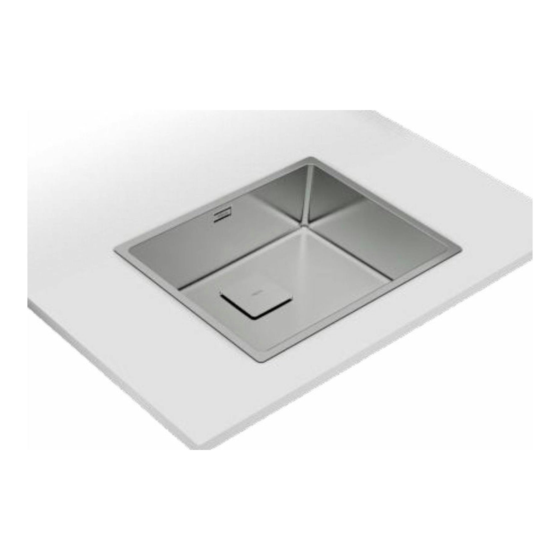 Fregadero Teka FlexLinea RS15 50.40 de acero inoxidable, vista superior inclinada, empotrado en encimera blanca.