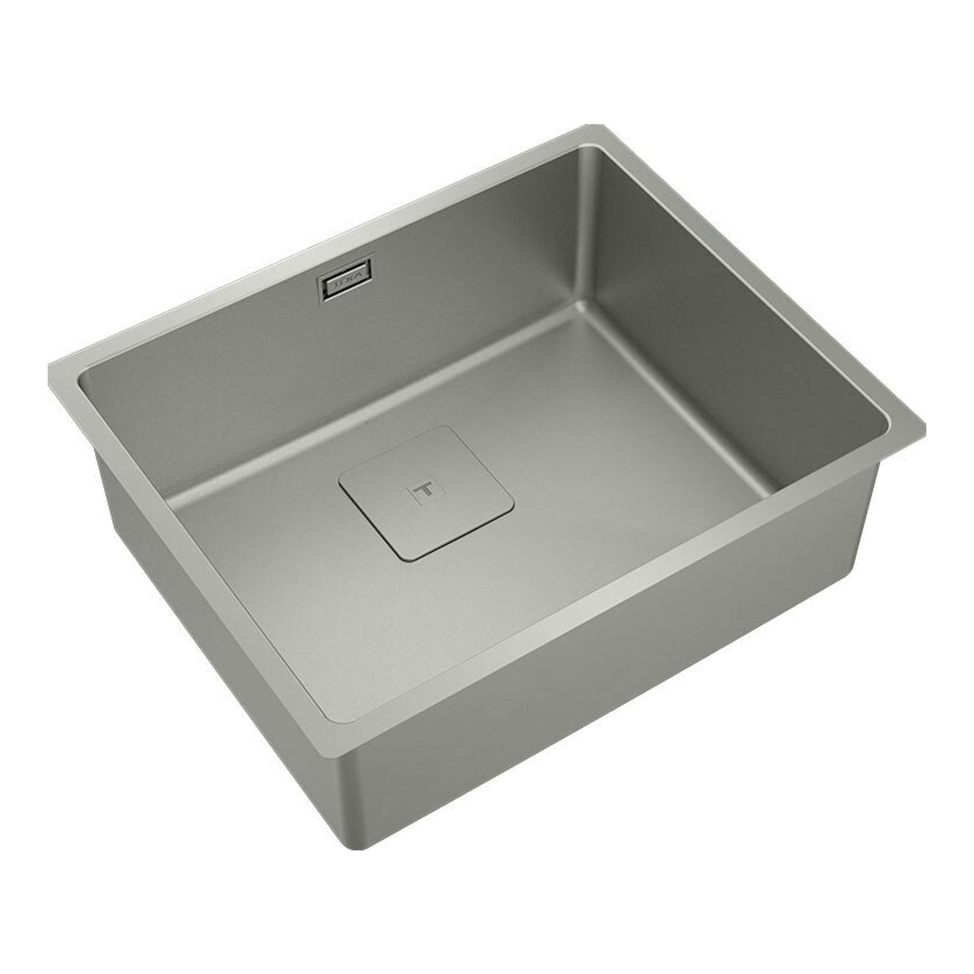 Fregadero Teka FlexLinea RS15 50.40 de inox, vista cenital en ángulo, con seno rectangular y tapa de desagüe.