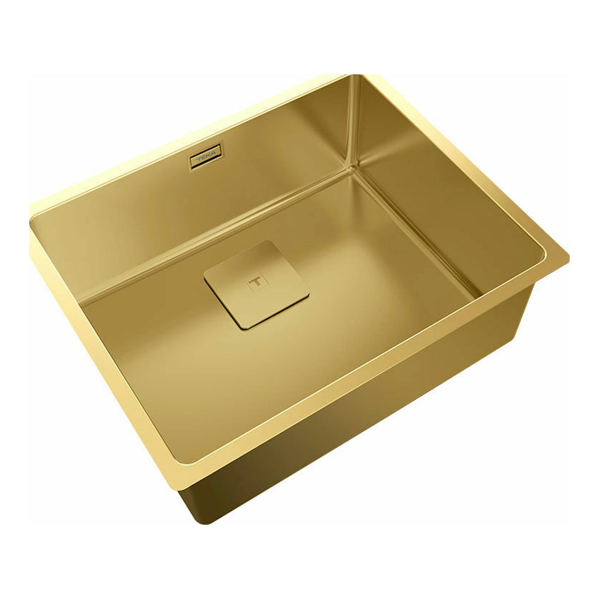 Fregadero Teka FlexLinea RS15 50.40 dorado, vista superior en ángulo, cubeta rectangular con desagüe central.