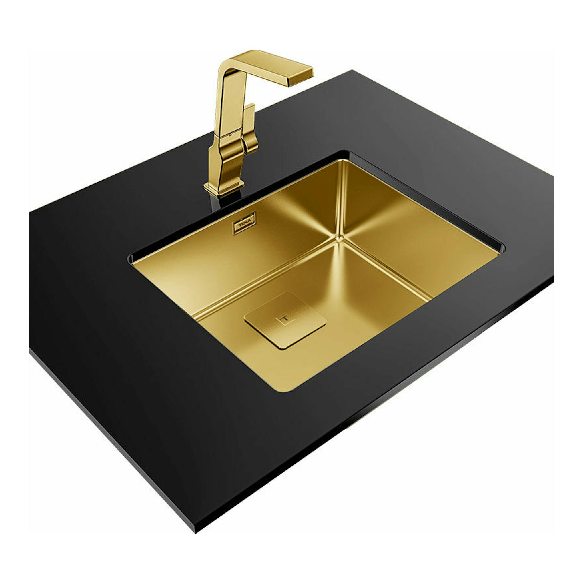 Fregadero Teka FlexLinea RS15 50.40 dorado, vista superior en ángulo, con grifo dorado y encimera negra.