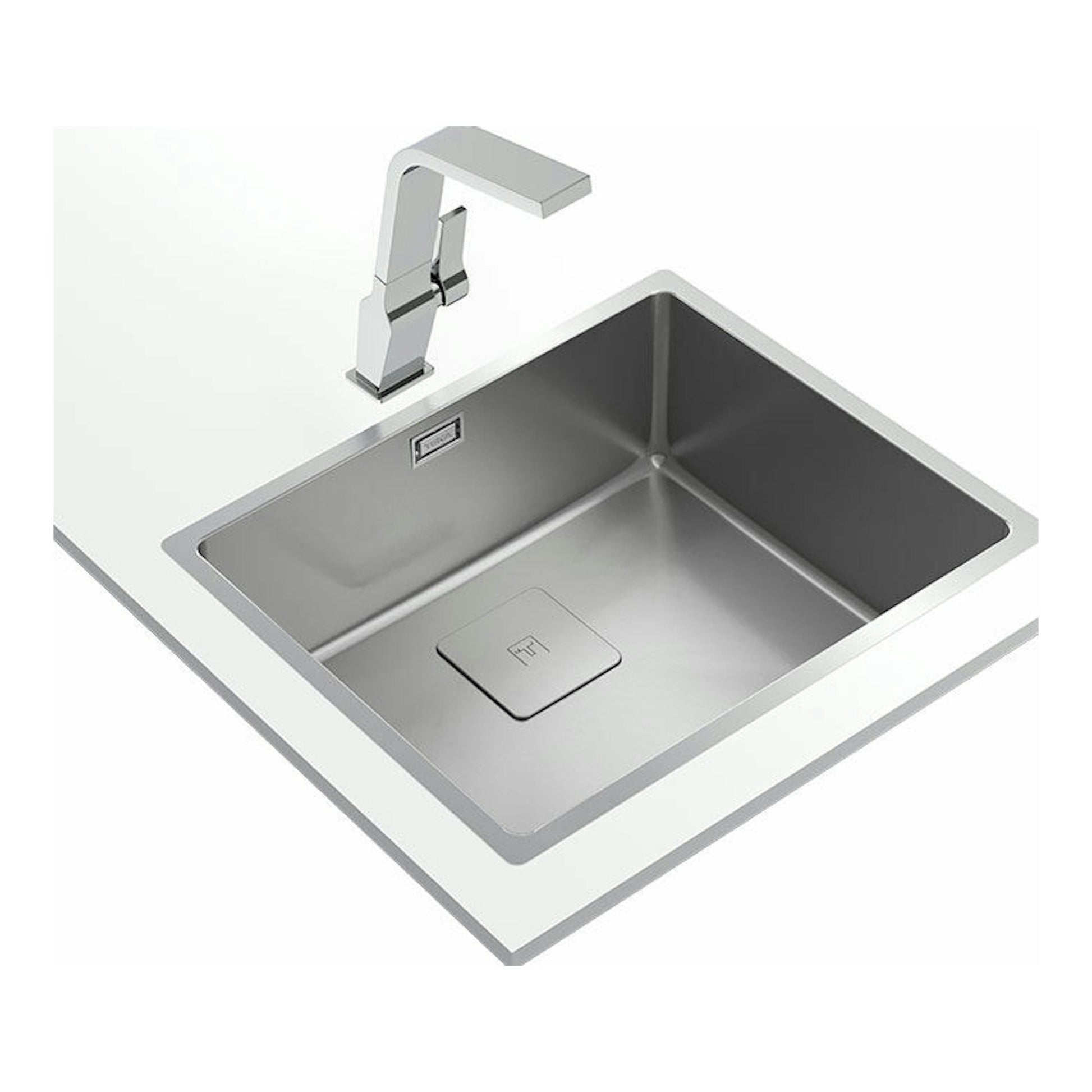 Fregadero Teka FlexLinea RS15 50.40 M-XT PureClean de acero inoxidable, vista en ángulo con grifo cromado.