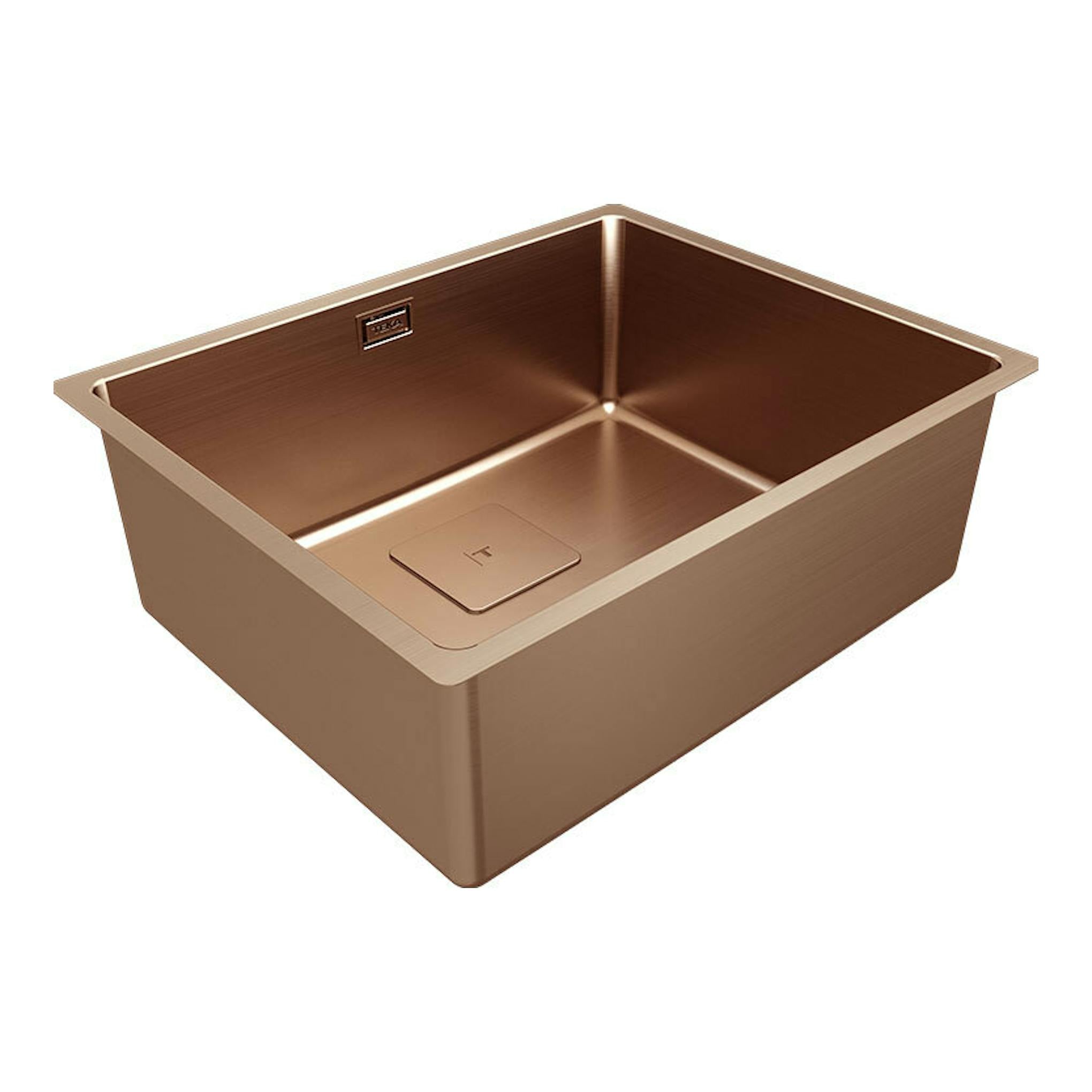 Fregadero Teka FlexLinea RS15 50.40 de cobre, vista en ángulo con cubeta rectangular y desagüe.