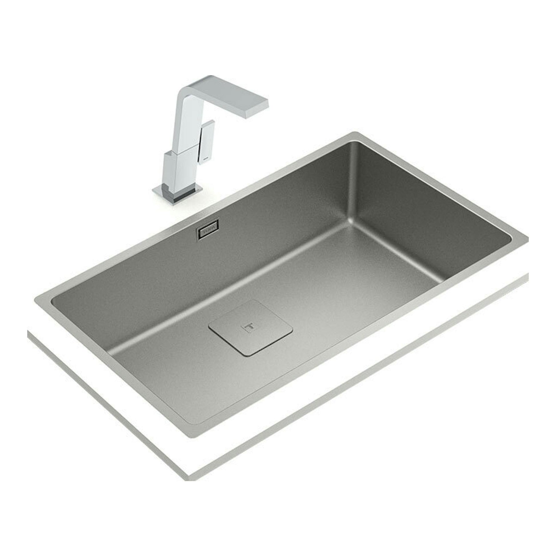 Fregadero Teka FlexLinea RS15 71.40 Fortinox inox, vista isométrica con grifo cromado.