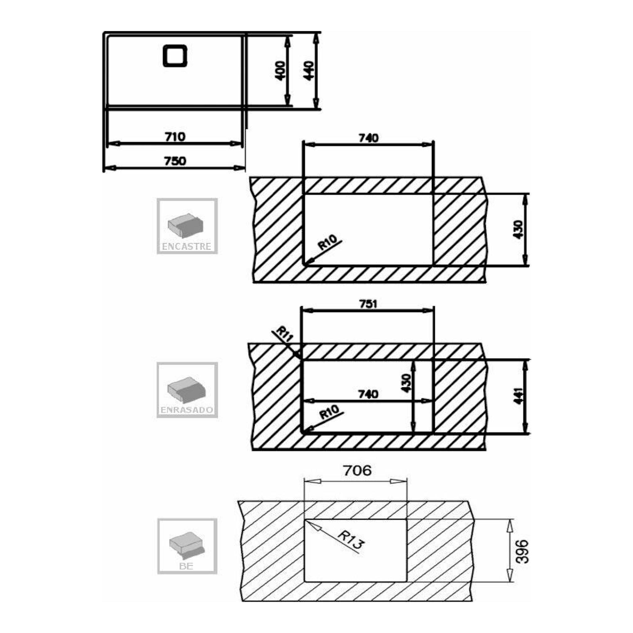 Plano técnico del fregadero Teka FlexLinea RS15 71.40 M-XT PureClean con medidas y vistas en sección.