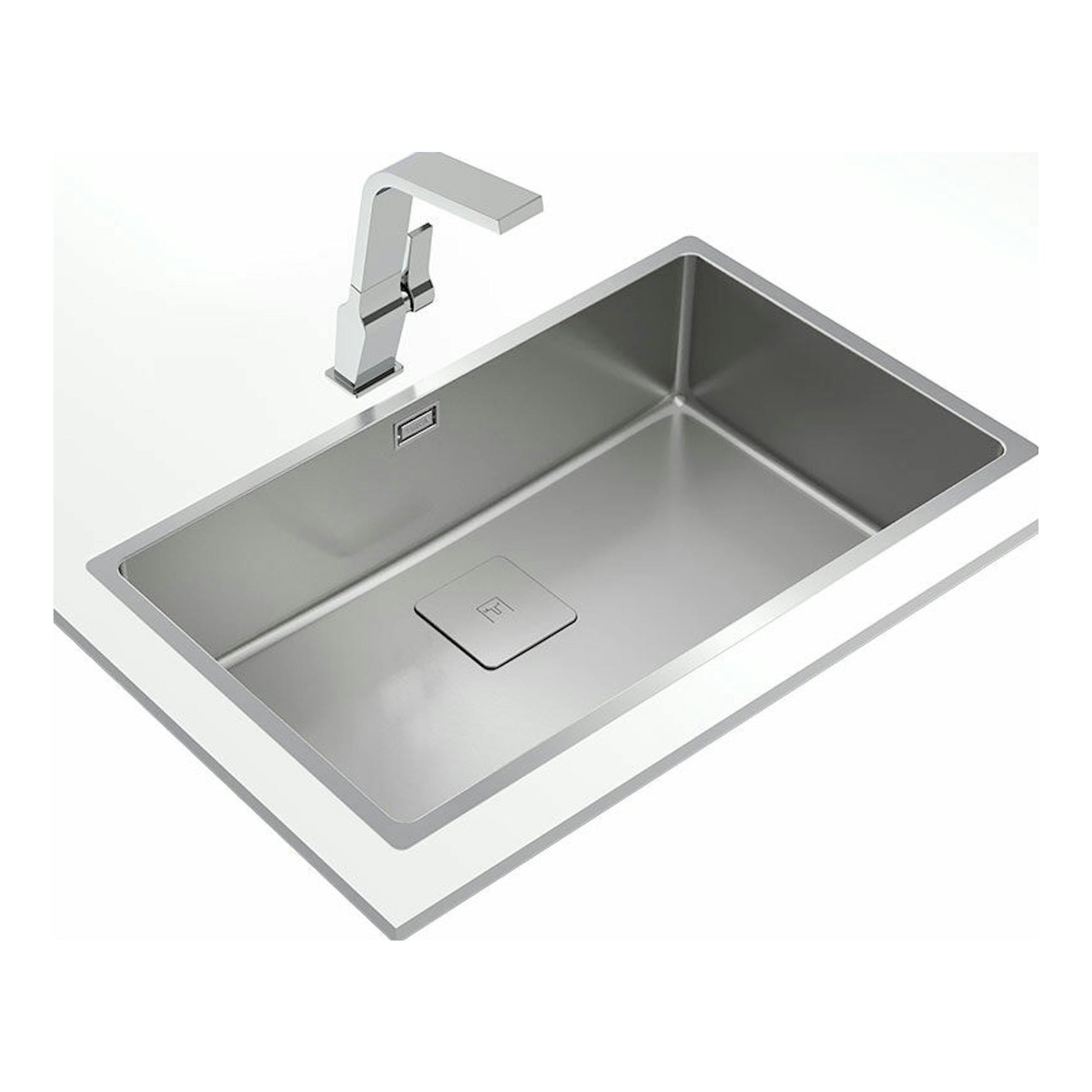 Fregadero Teka FlexLinea RS15 71.40 M-XT PureClean de acero inoxidable, vista superior inclinada, con grifo.