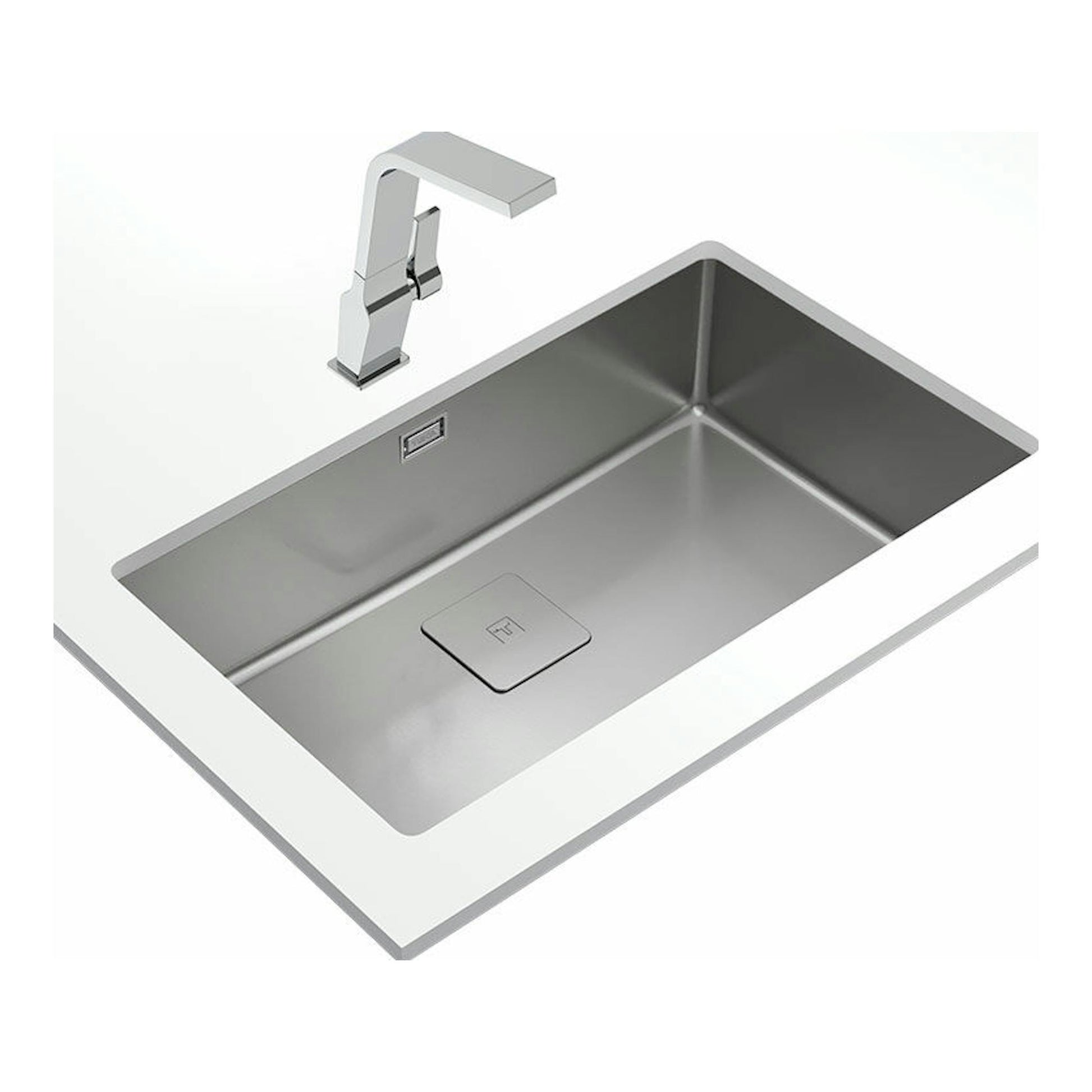 Fregadero Teka FlexLinea RS15 71.40 M-XT PureClean de acero inoxidable, vista cenital inclinada, con grifo.