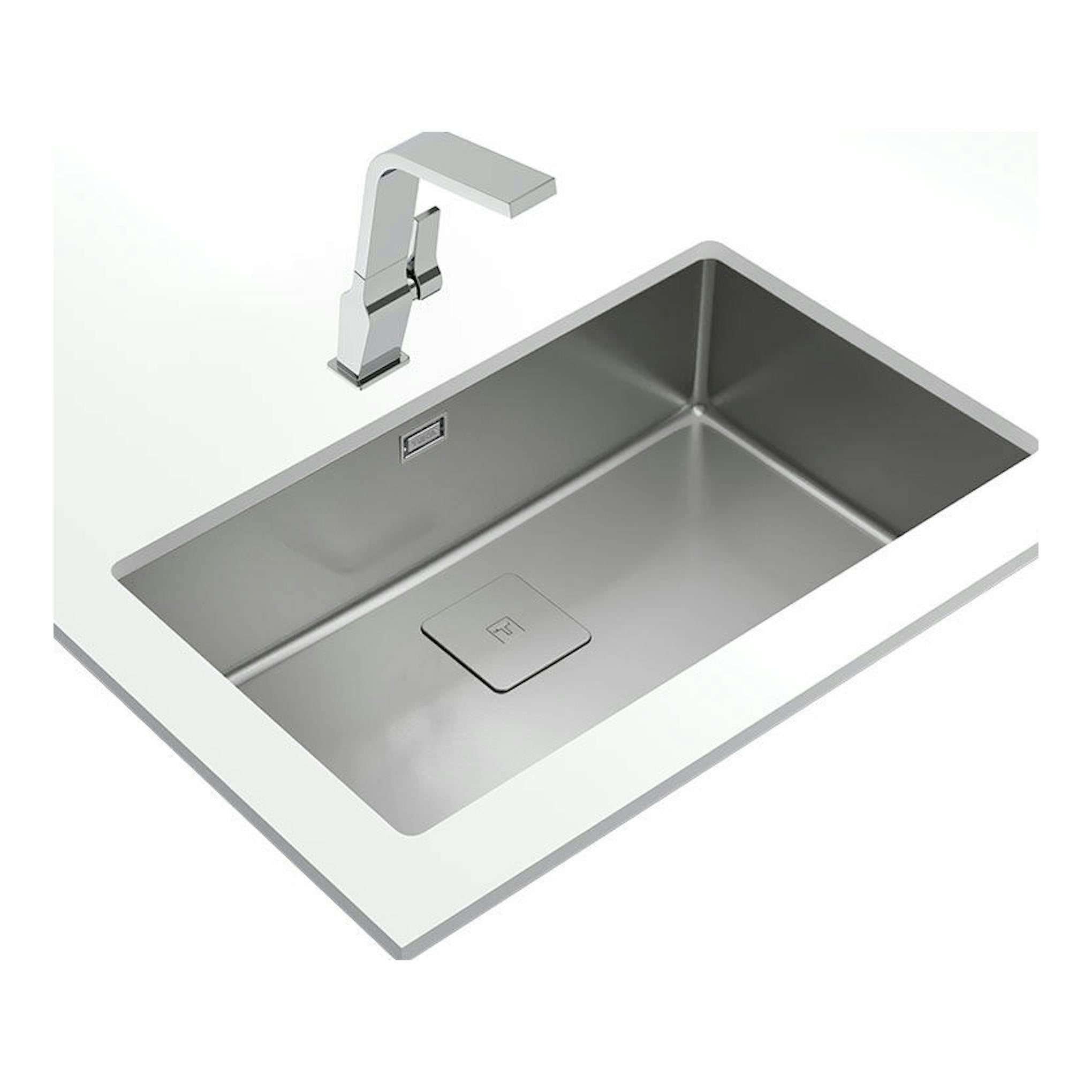 Fregadero Teka FlexLinea RS15 71.40 M-XT PureClean de acero inoxidable, vista cenital inclinada, con grifo.