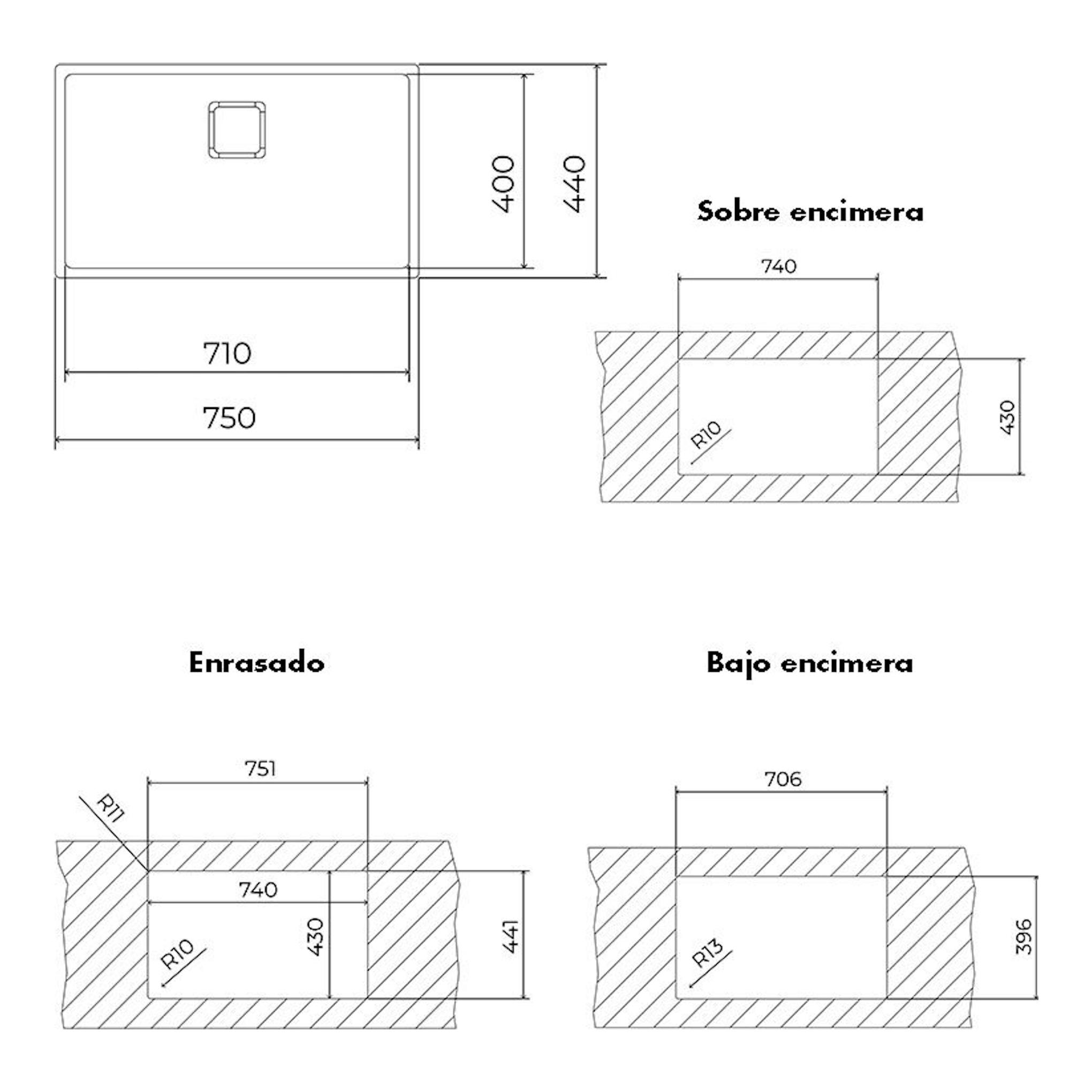Diagrama técnico del fregadero Teka FlexLinea RS15 71.40 Fortinox inox, con vista superior y secciones.