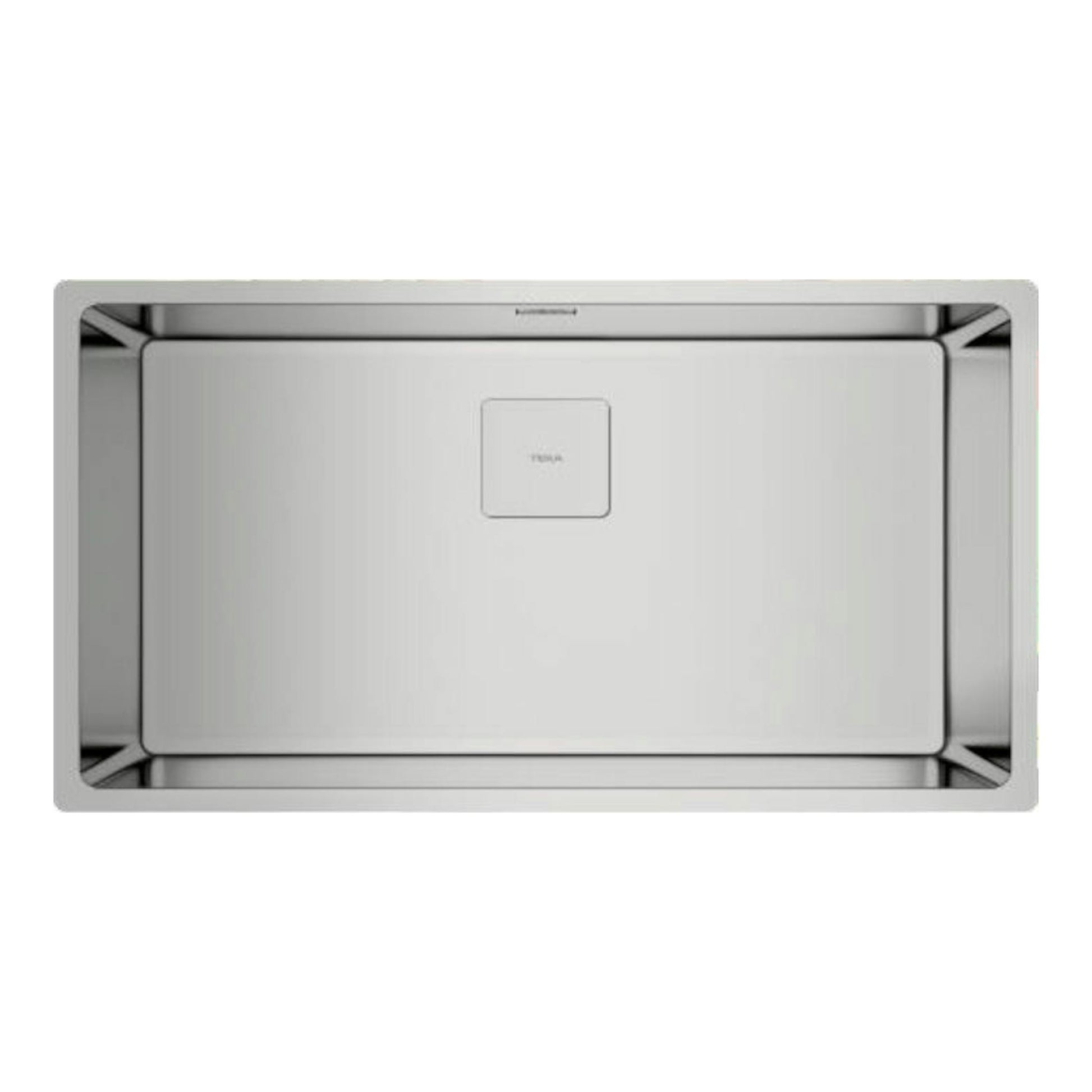 Fregadero Teka FlexLinea RS15 71.40 de acero inoxidable, vista cenital, con cubeta rectangular y desagüe central.