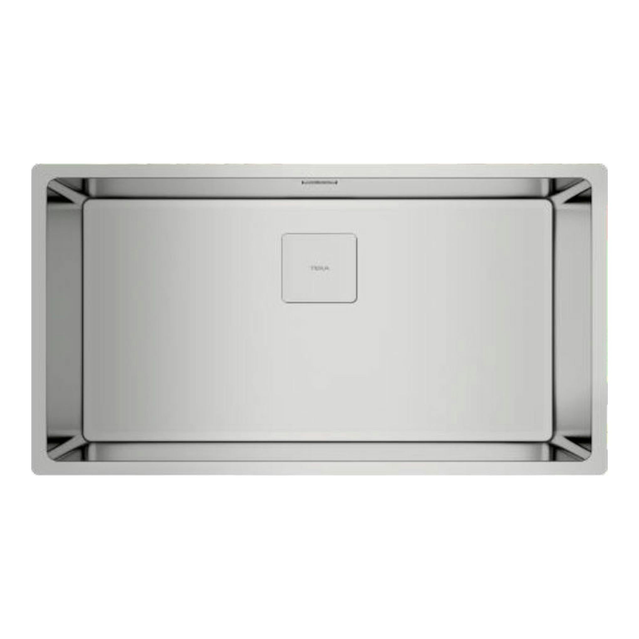 Fregadero Teka FlexLinea RS15 71.40 de acero inoxidable, vista cenital, con cubeta rectangular y desagüe central.