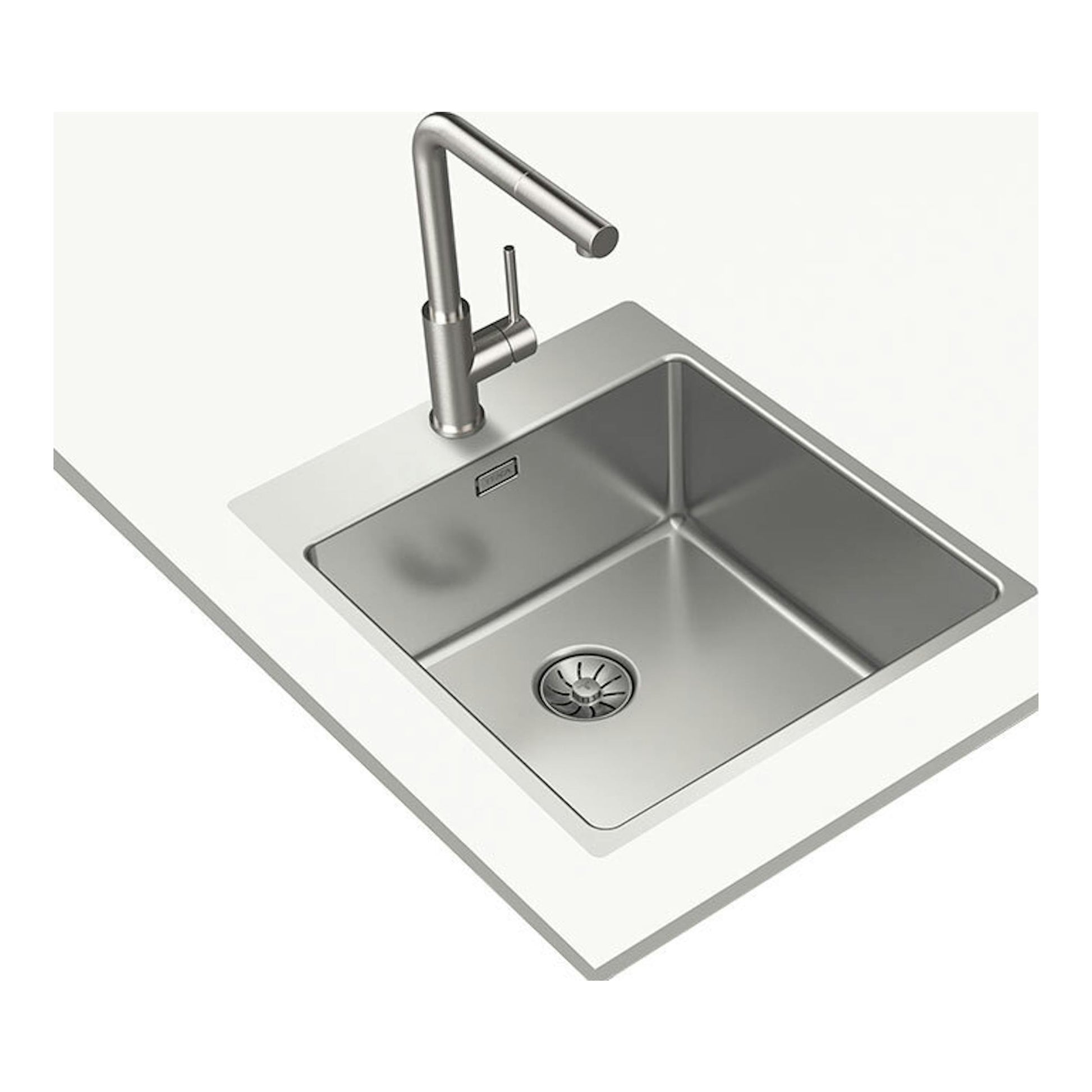 Fregadero Teka Forlinea RS15 4040 inox, vista cenital en ángulo, acero inoxidable con grifo.