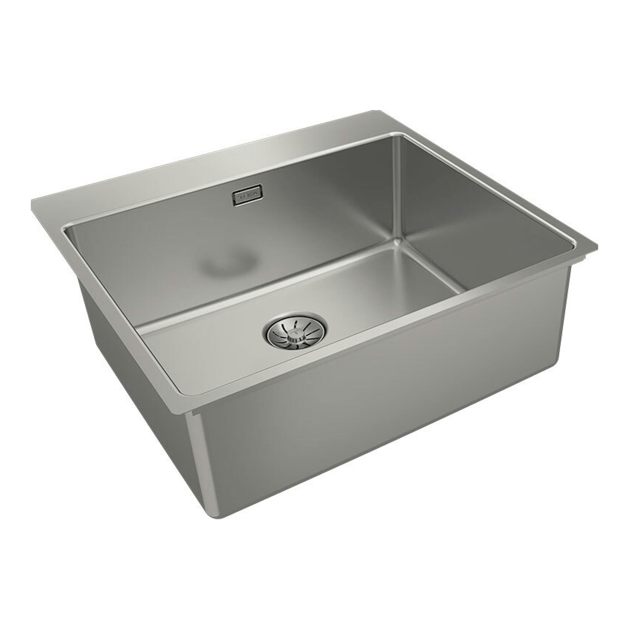 Fregadero Teka Forlinea RS15 5040 Inox de acero inoxidable, vista en ángulo con cubeta única y desagüe.