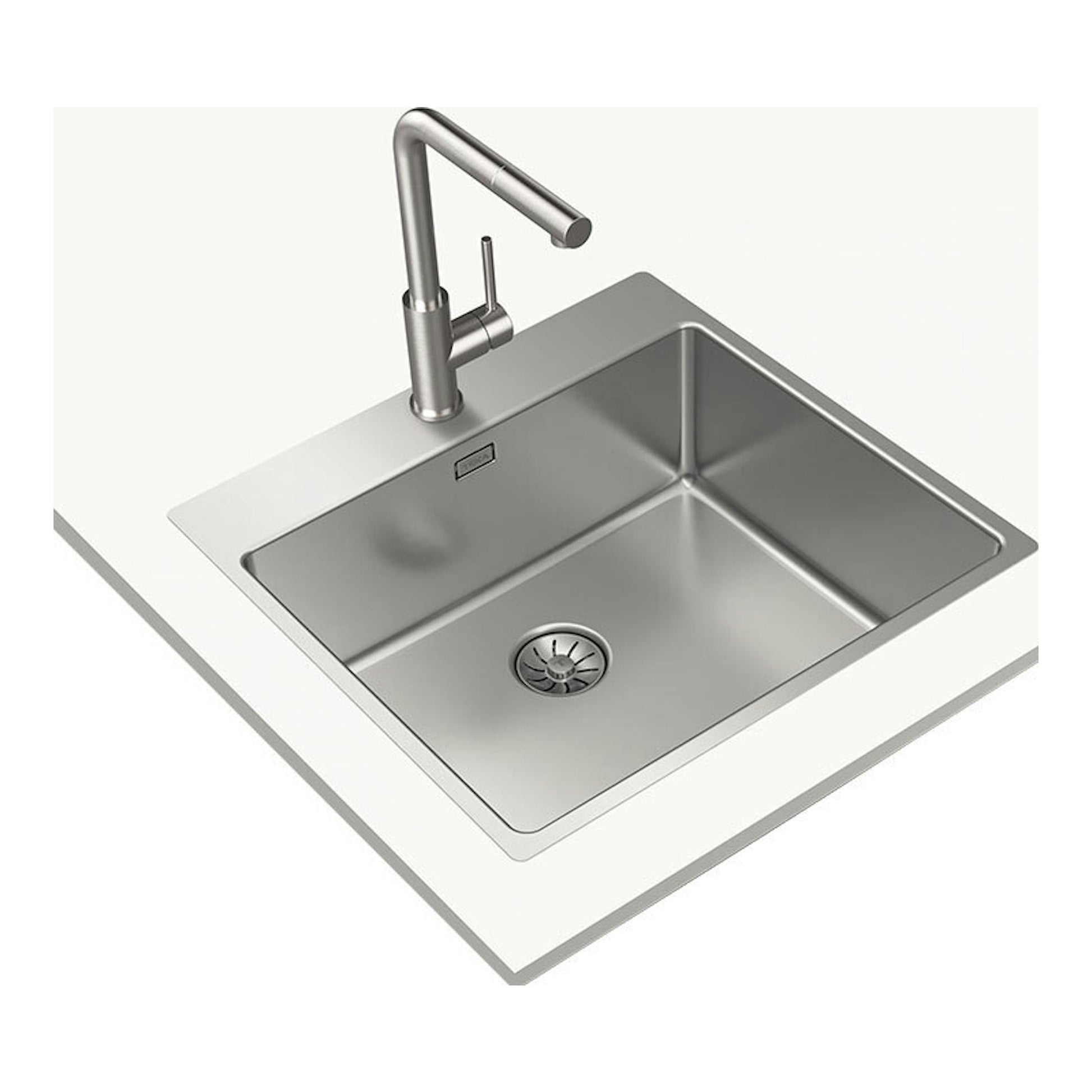 Fregadero Teka Forlinea RS15 5040 inox, vista cenital en ángulo, acero inoxidable con grifo monomando.