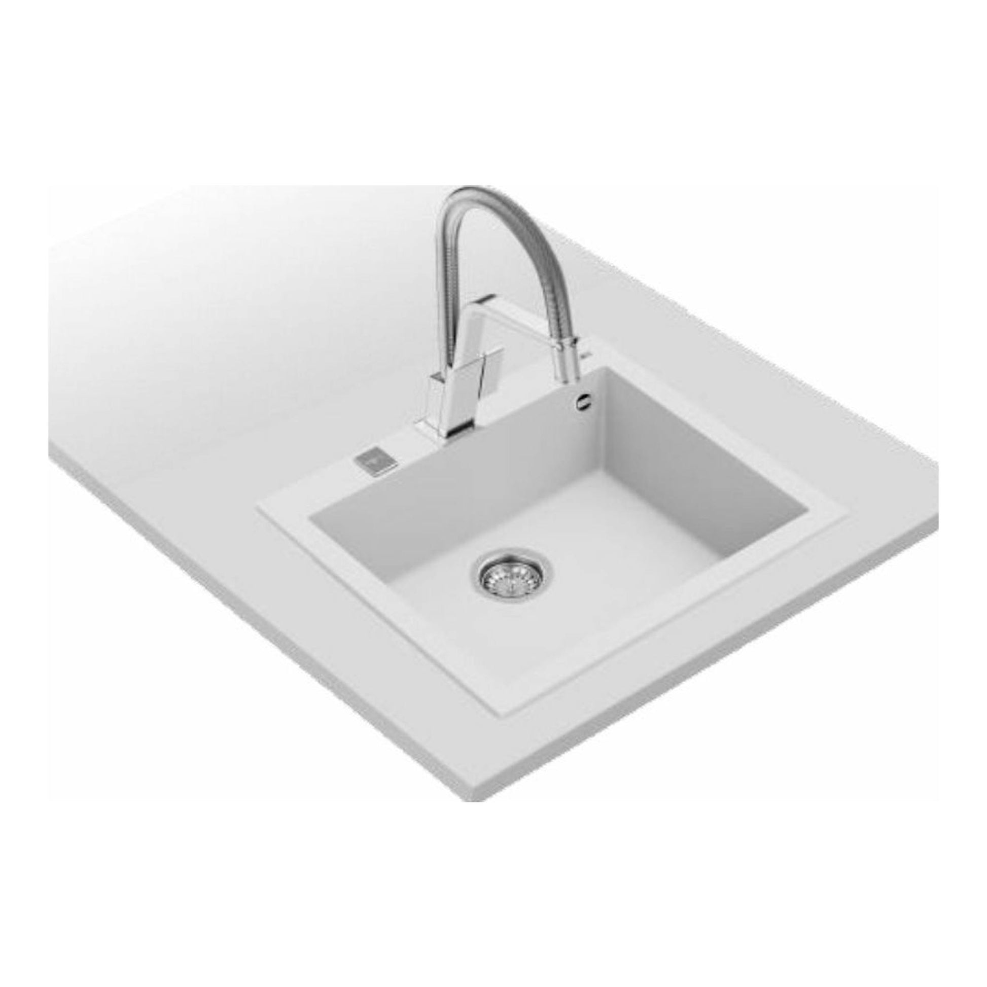 Fregadero Teka FORSQUARE 50.40 TG blanco, vista en ángulo, con grifo cromado y seno cuadrado.