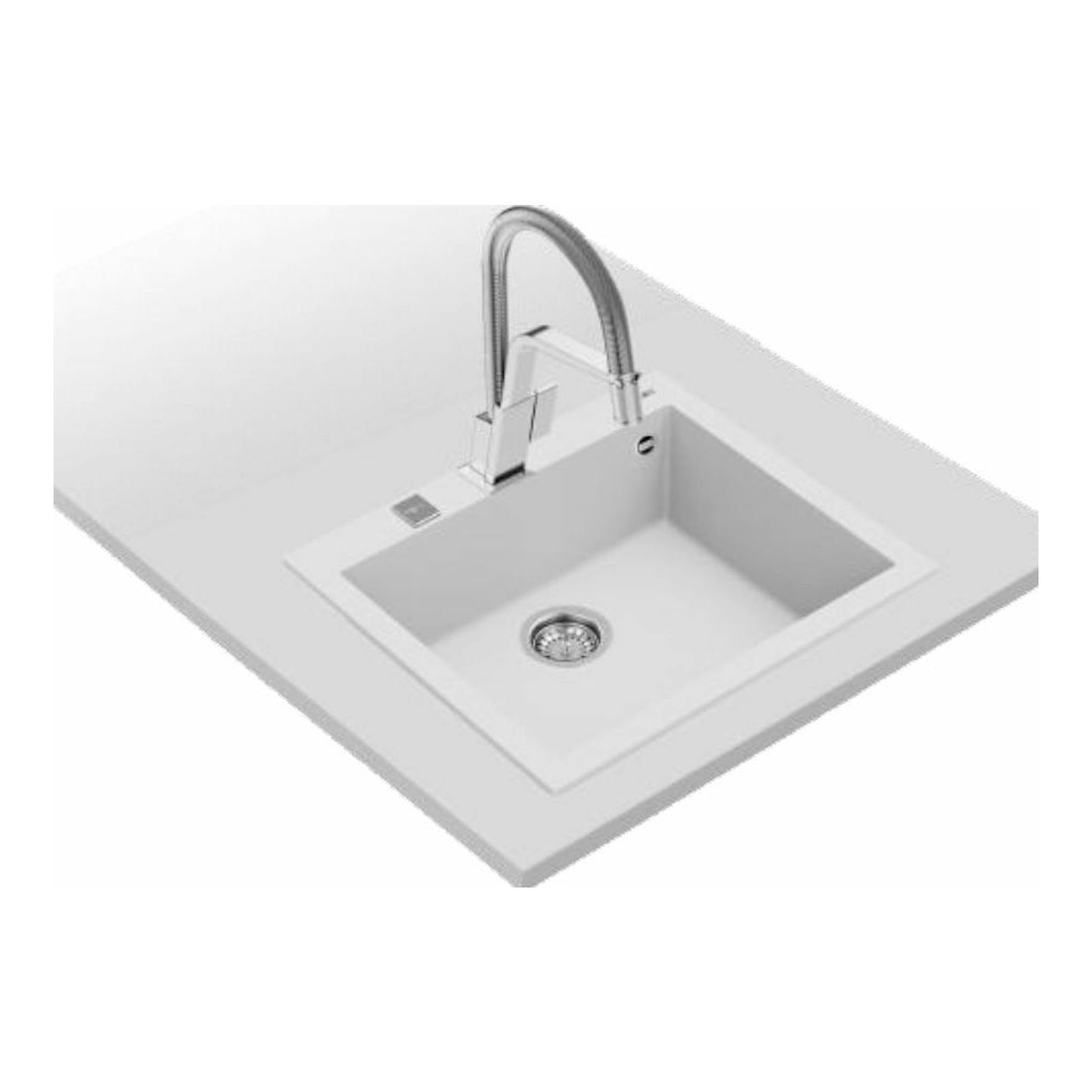 Fregadero Teka FORSQUARE 50.40 TG blanco, vista en ángulo, con grifo cromado y seno cuadrado.