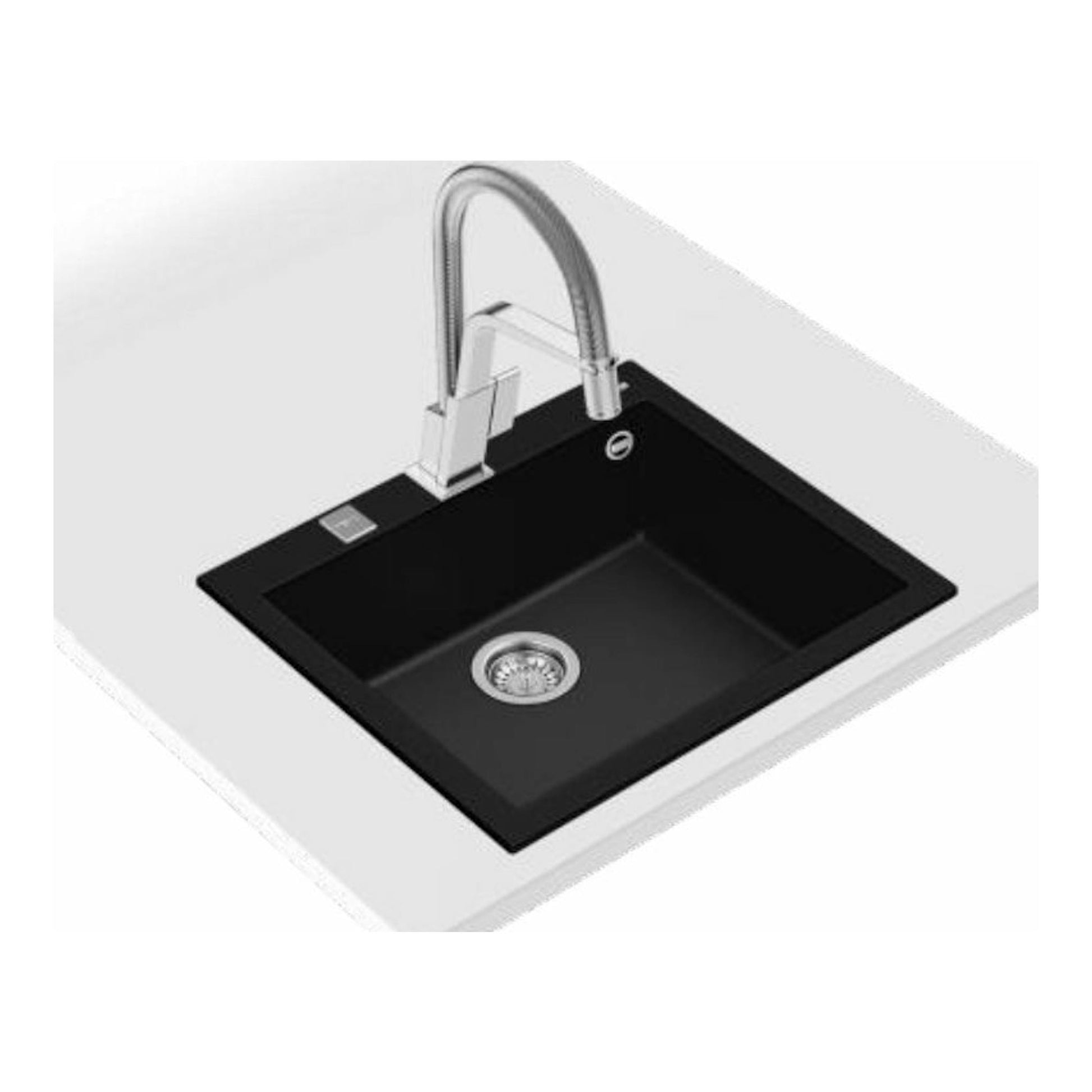 Fregadero Teka FORSQUARE 50.40 TG negro, vista cenital inclinada, con grifo cromado.