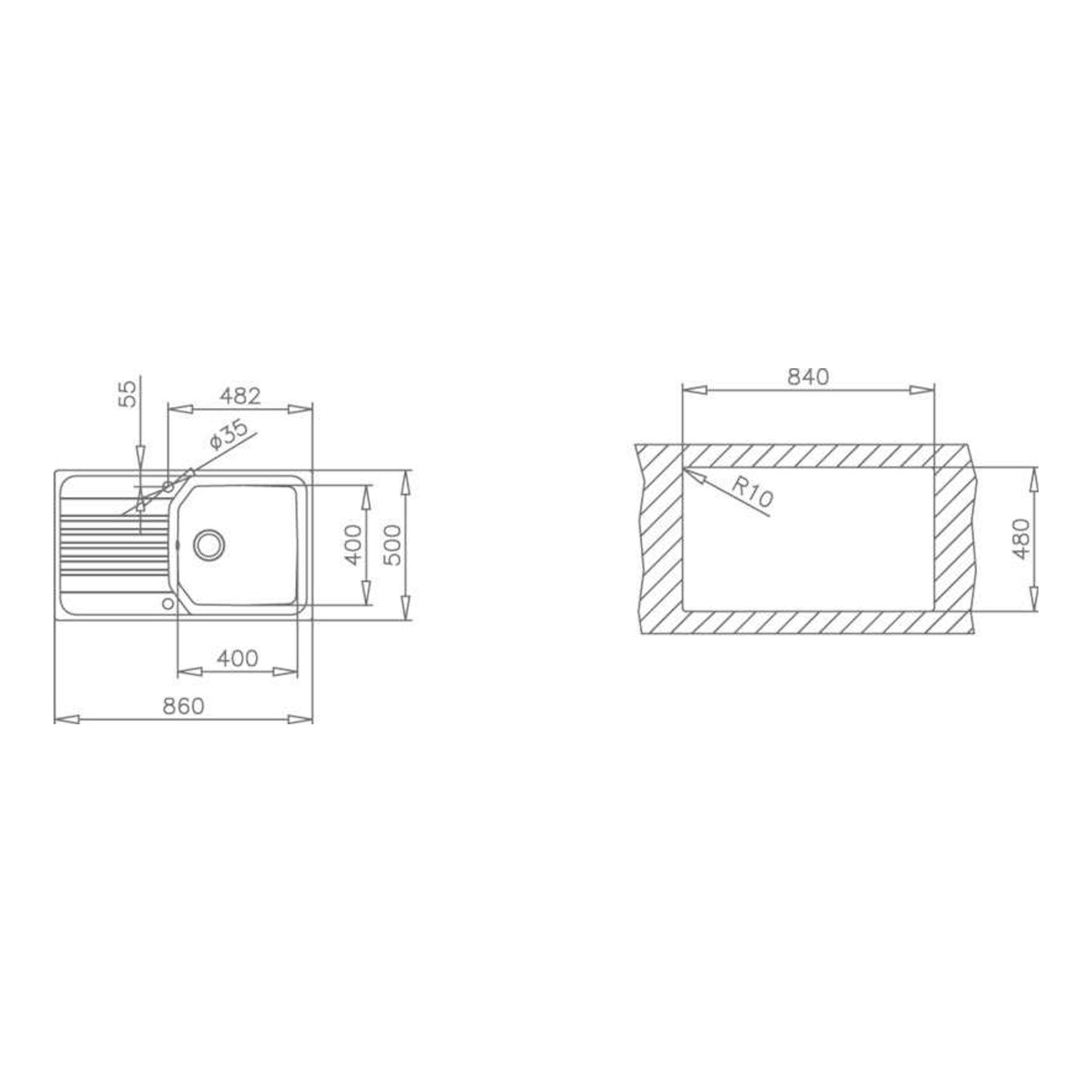 Teka PREMIUM 1C 1E Reversible: plano técnico del fregadero, vista superior y sección lateral en blanco y negro.