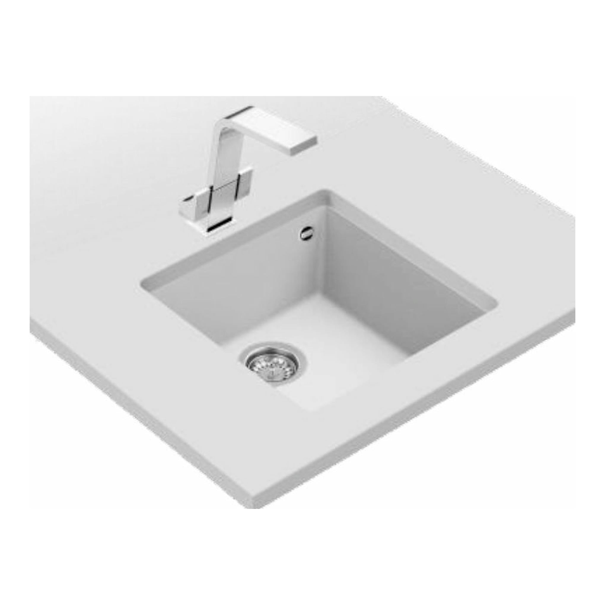 Fregadero Teka SQUARE 40.40 TG blanco, vista superior en ángulo, con grifo cromado y seno cuadrado.