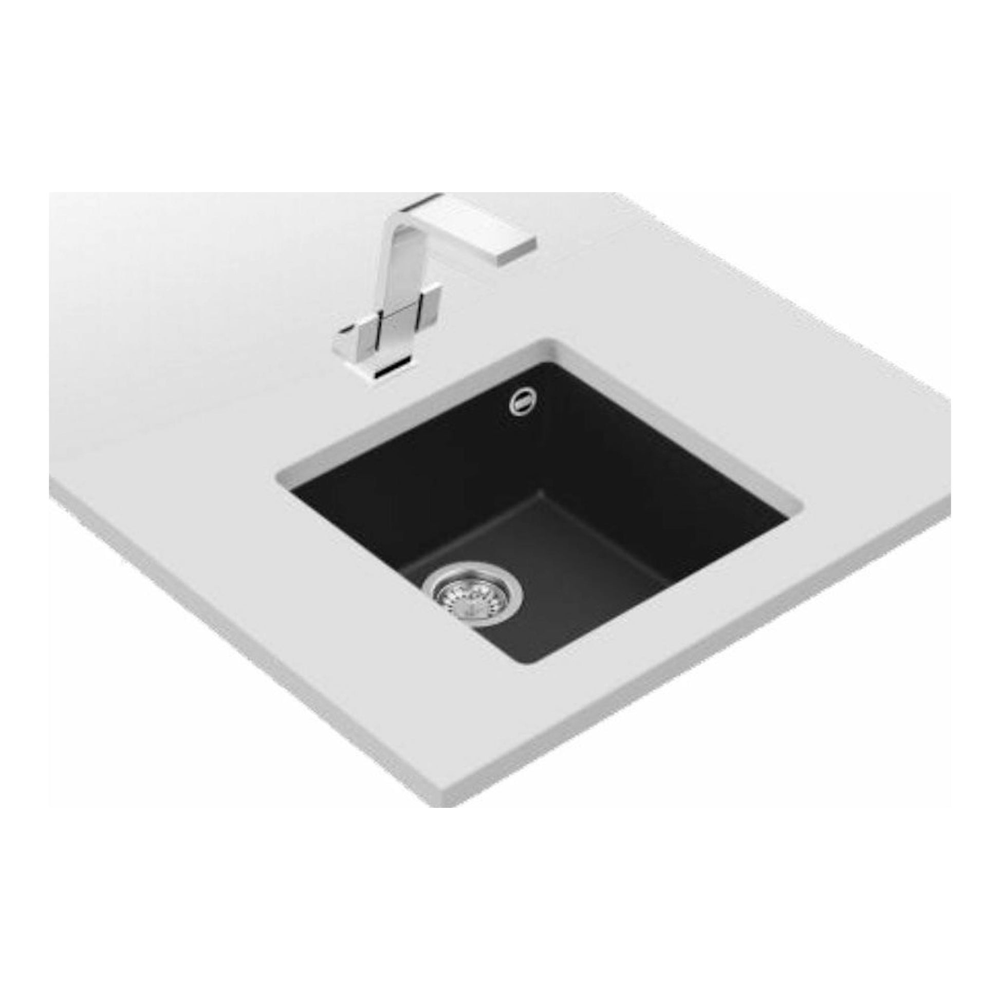 Fregadero Teka SQUARE 40.40 TG negro, vista cenital en ángulo, con encimera blanca y grifo cromado.