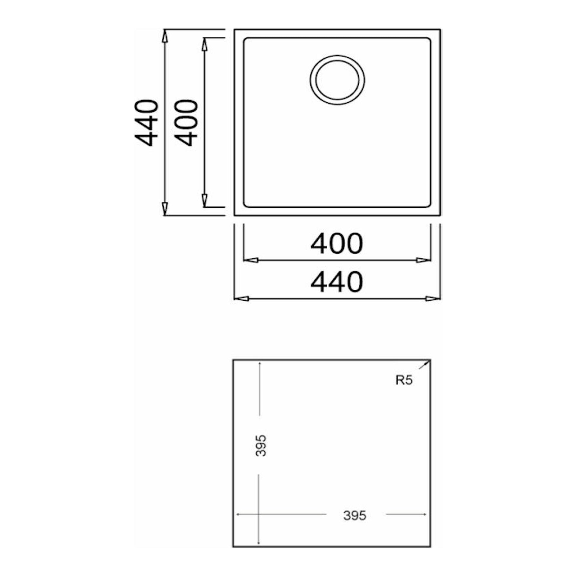 Dibujo técnico del fregadero Teka SQUARE 40.40 TG negro, vista superior, con medidas 400 x 440 mm.