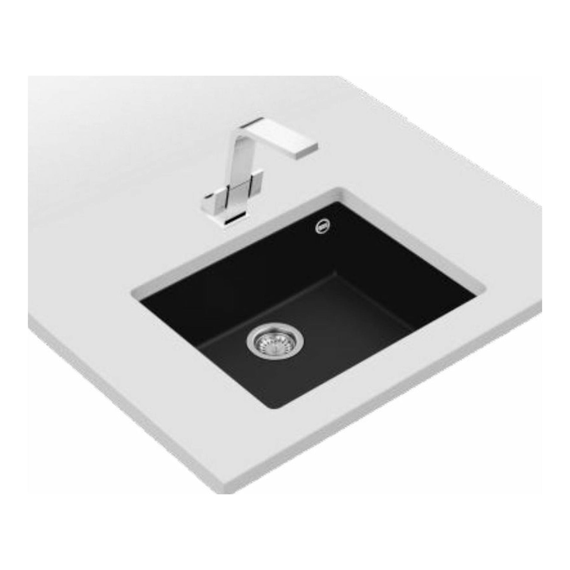 Fregadero Teka SQUARE 50.40 TG negro, vista en ángulo, encastrado en encimera blanca, con grifo cromado.