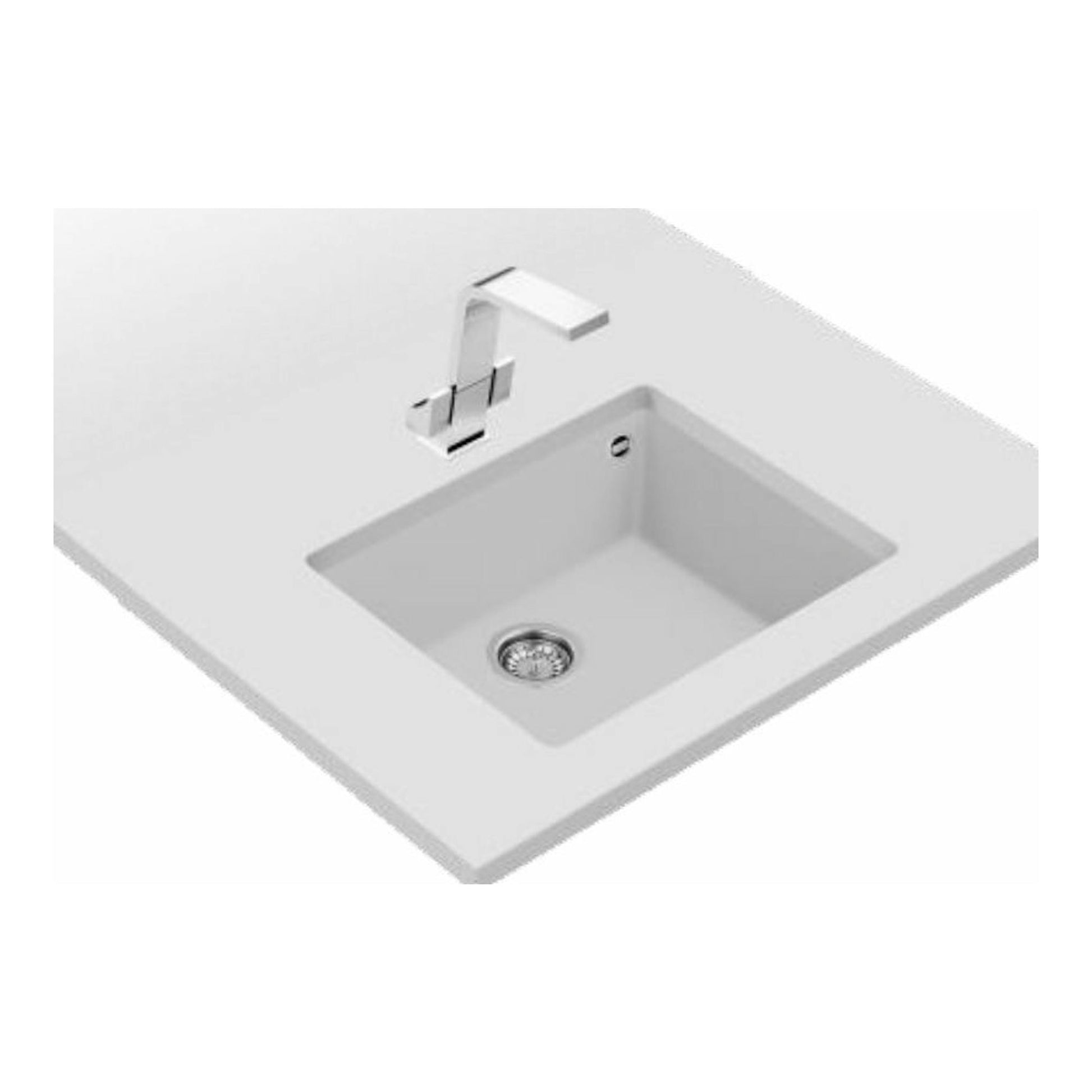 Fregadero Teka SQUARE 50.40 TG blanco, vista en ángulo, con una cubeta y grifo cromado.