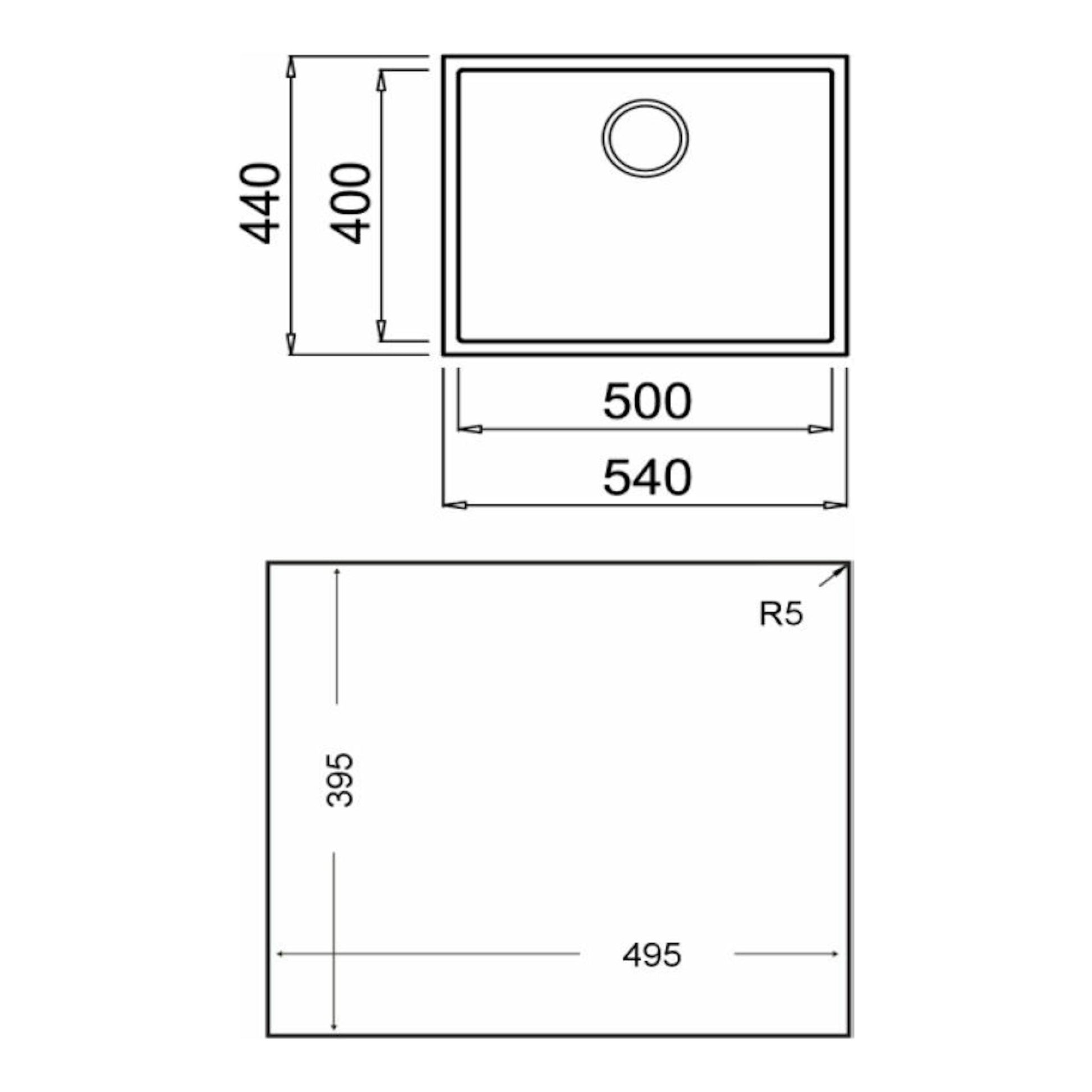 Dibujo técnico del fregadero Teka SQUARE 50.40 TG negro, vista superior rectangular con desagüe y medidas.