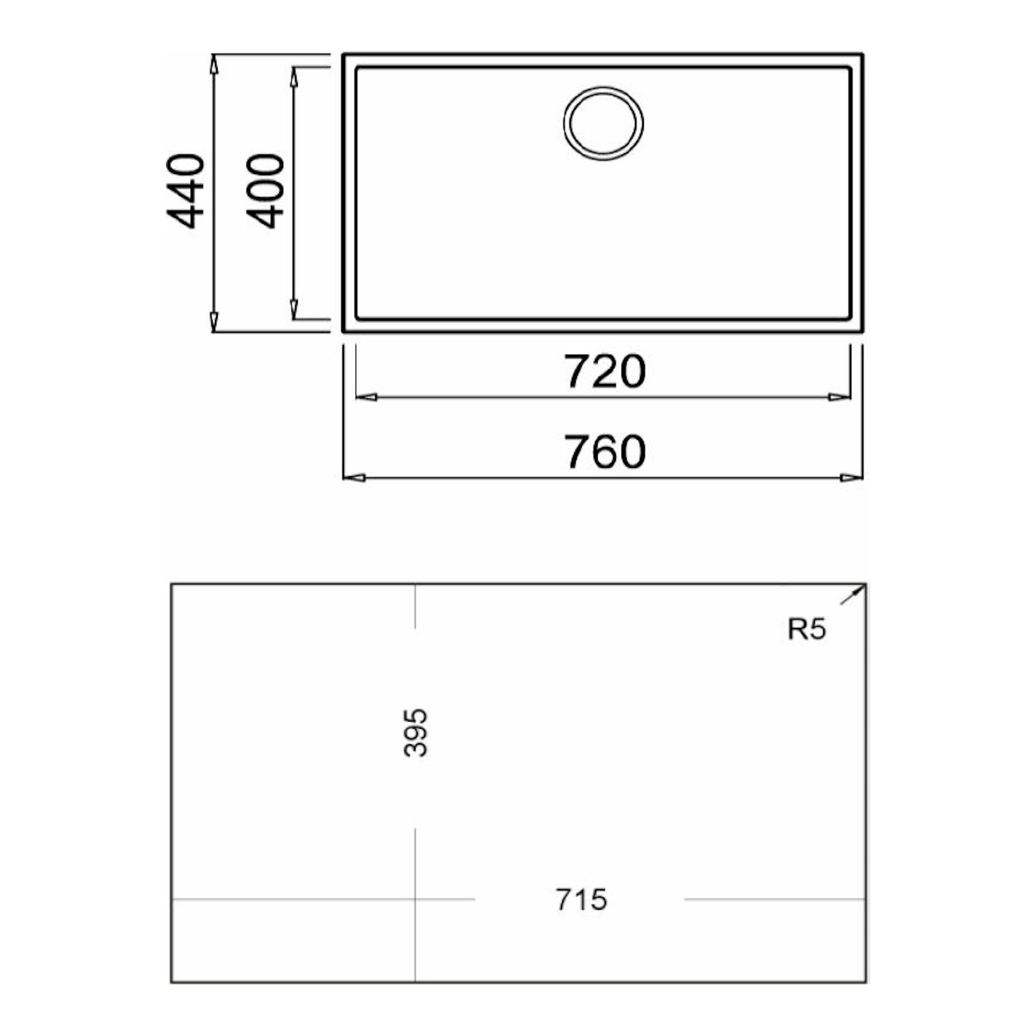 Plano técnico del fregadero Teka SQUARE 72.40 TG negro, vista superior con medidas 760x440 y desagüe.