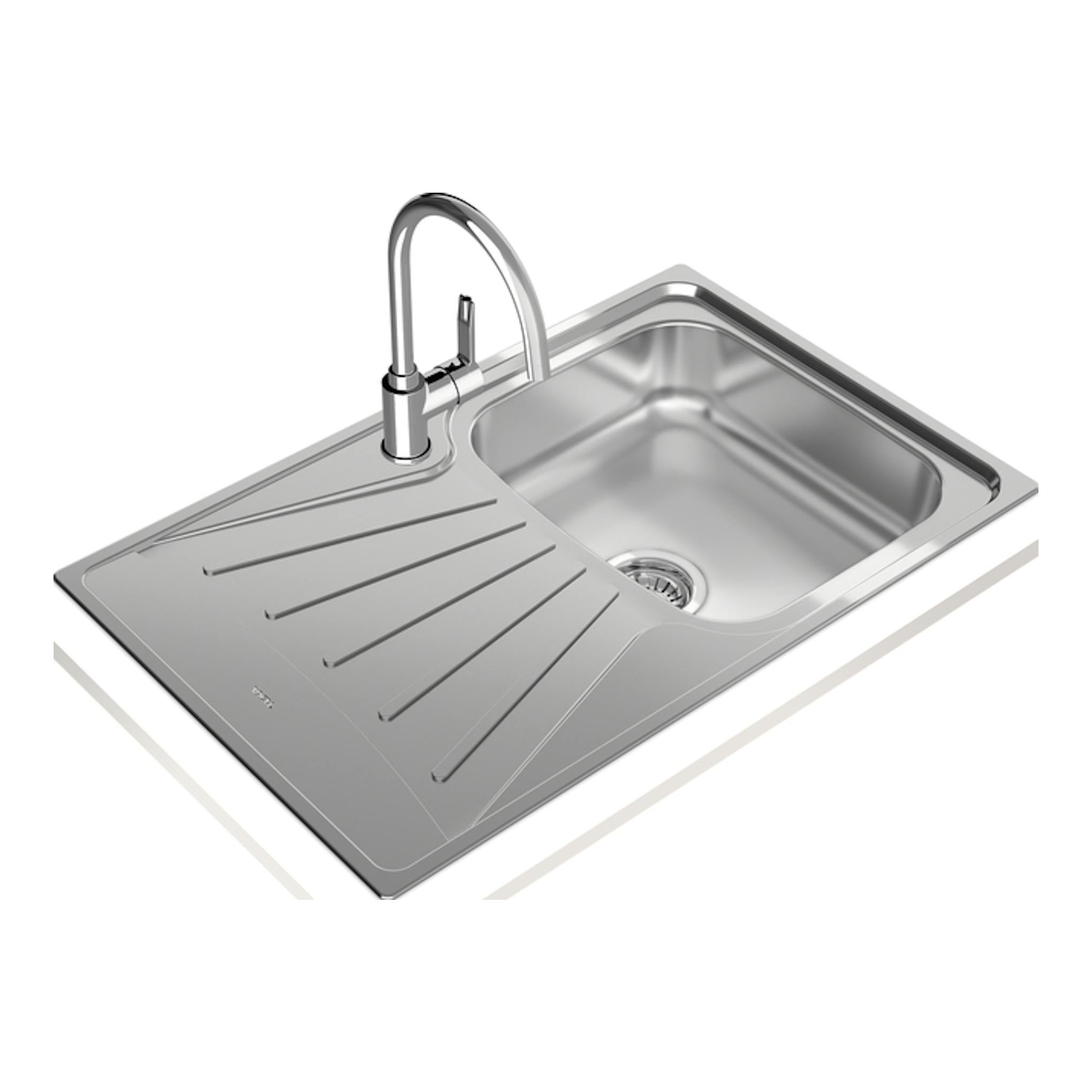 Fregadero Teka StarBright 45 E-XP de acero inoxidable, vista superior inclinada, escurridor a la izquierda y grifo.