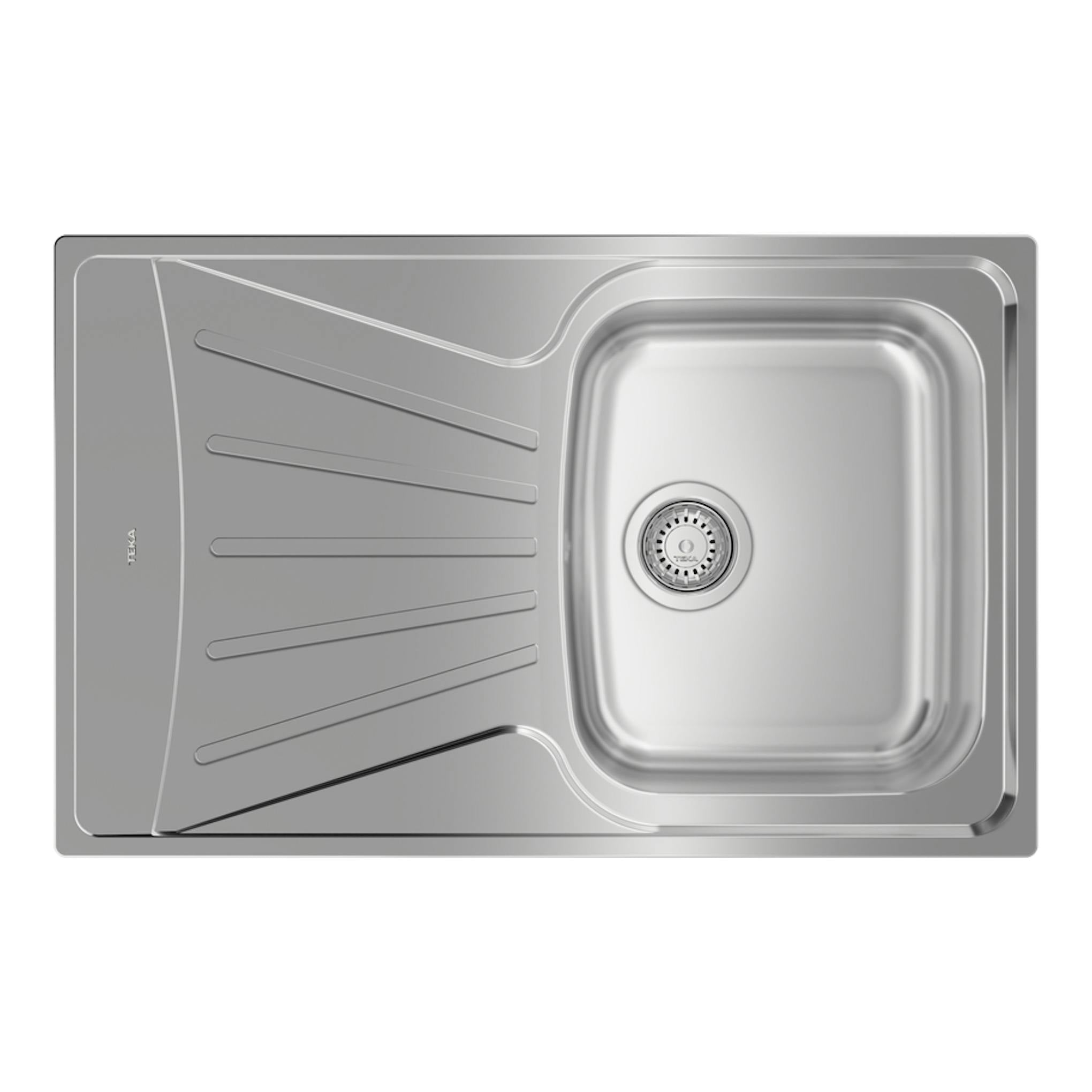 Fregadero Teka StarBright 45 E-XP de acero inoxidable, vista cenital, cubeta a la derecha y escurridor a la izquierda.