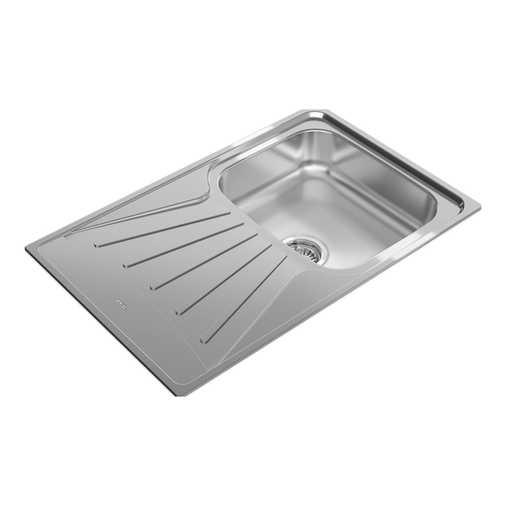 Teka StarBright 45 E-XP: fregadero de acero inoxidable, vista en ángulo, cubeta a la derecha y escurridor a la izquierda.