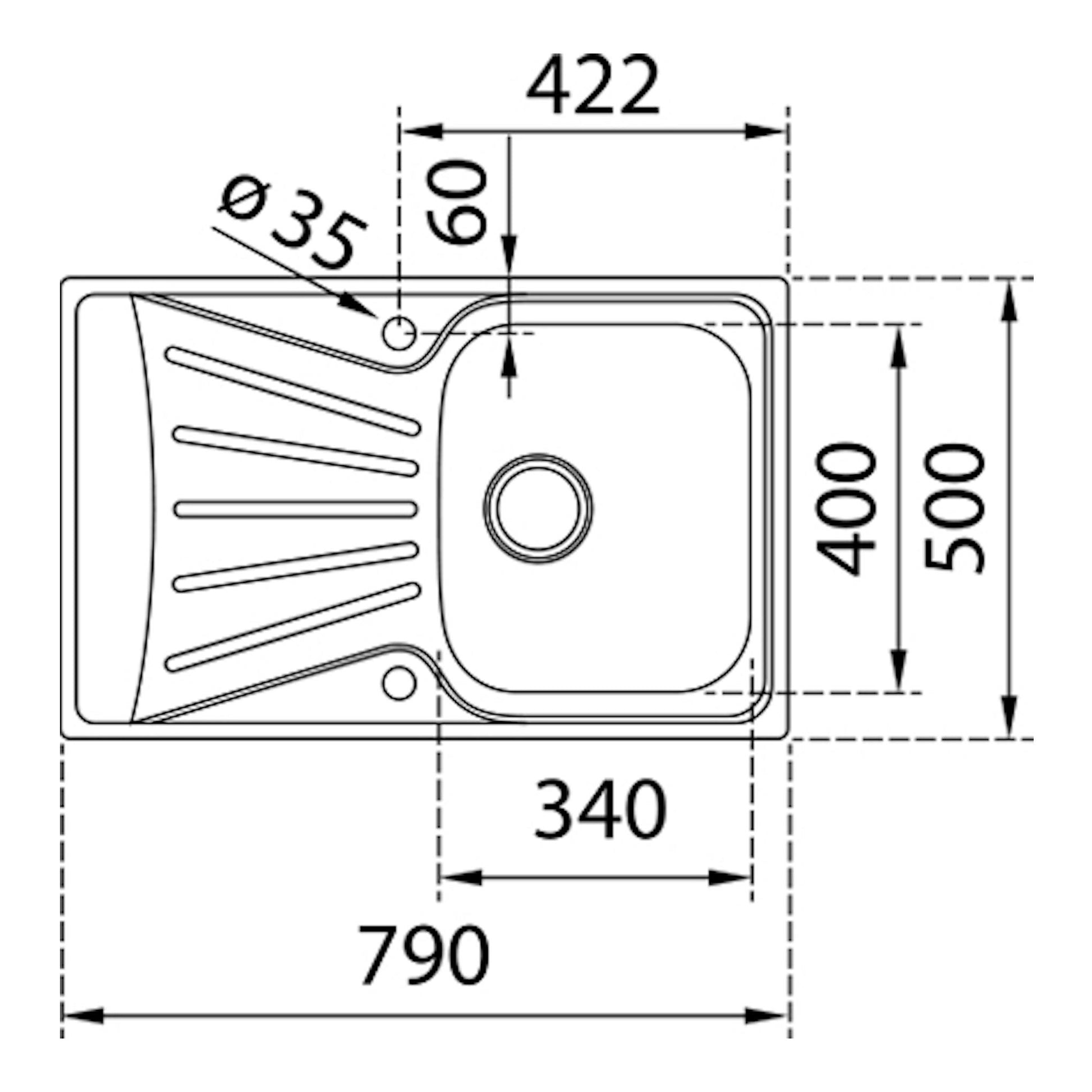 Plano técnico del fregadero Teka StarBright 45 E-XP 1C 1E D, vista superior, una cubeta, acero inoxidable.
