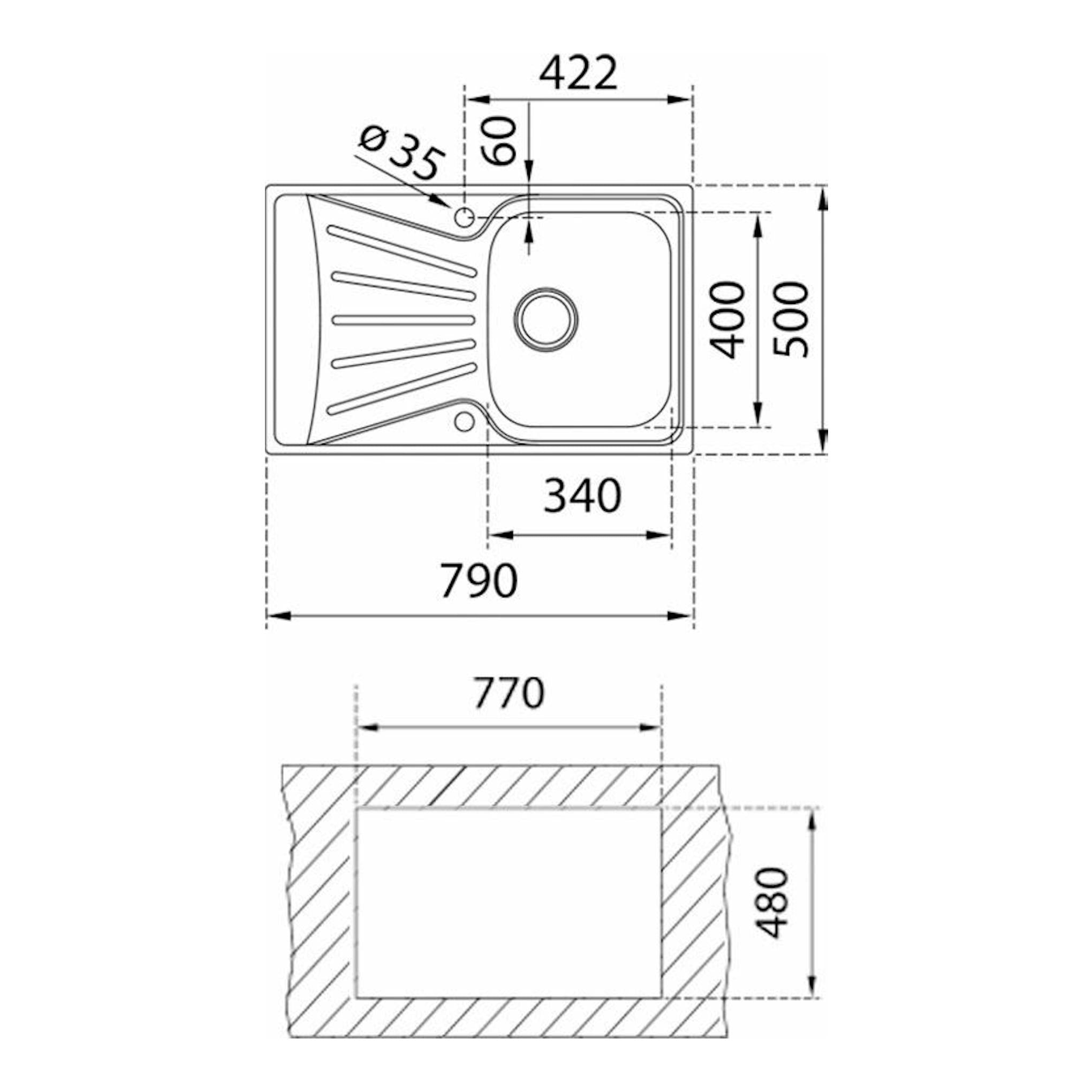 Plano técnico del fregadero Teka Starbright 45 E-XP 1C 1E reversible, con medidas y vista superior/lateral.
