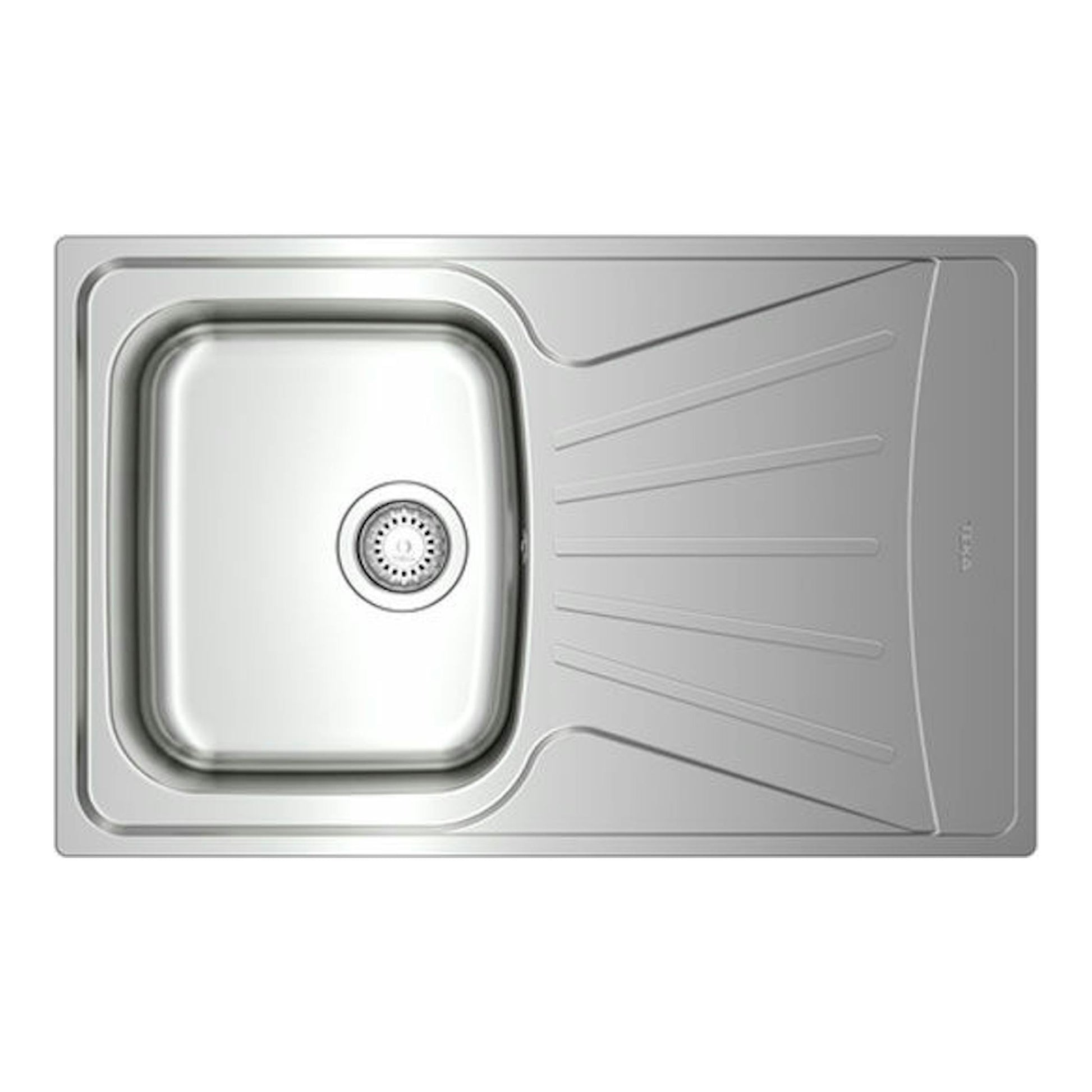 Fregadero Teka Starbright 45 E-XP de acero inoxidable, vista cenital, con cubeta a la izquierda y escurridor.