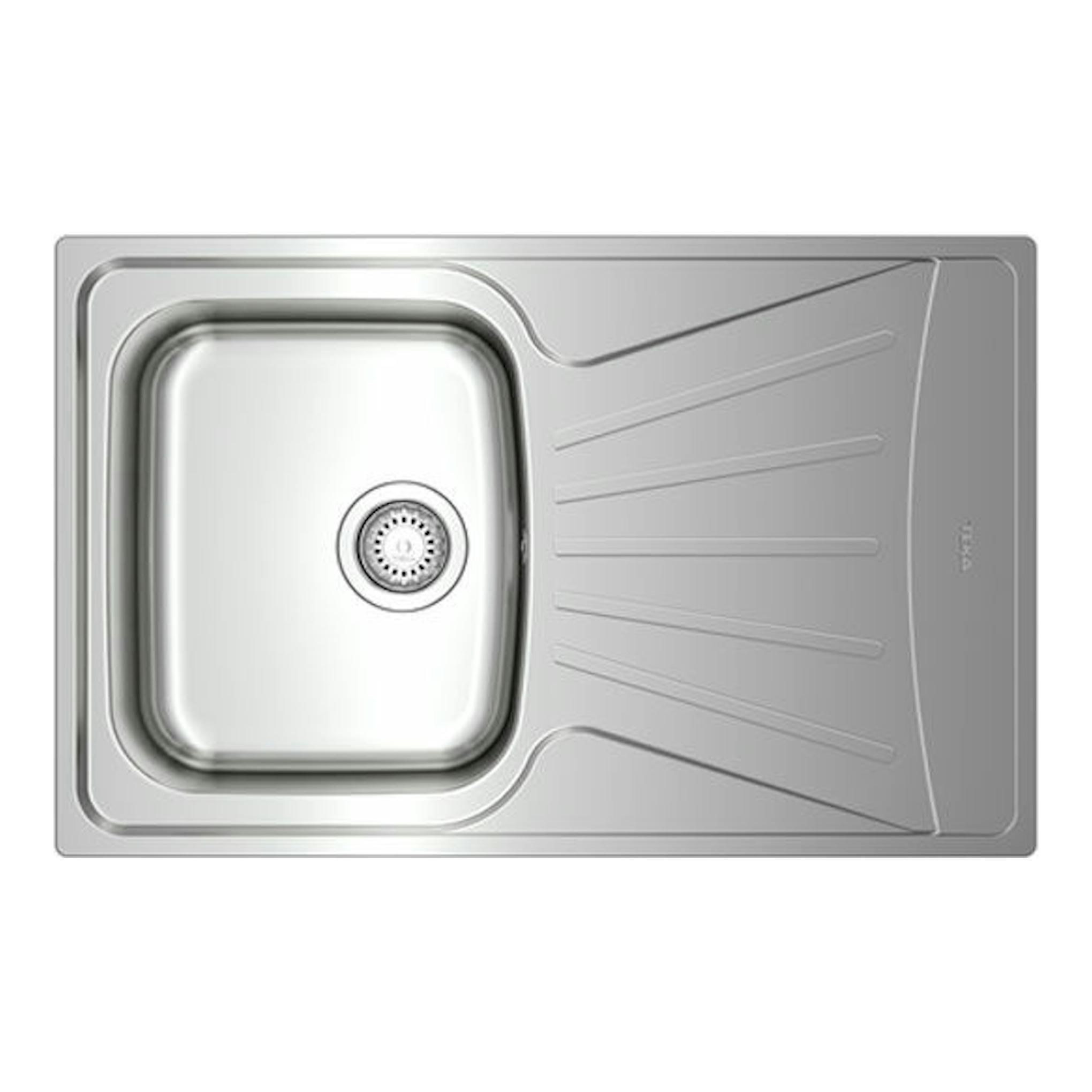 Fregadero Teka Starbright 45 E-XP de acero inoxidable, vista cenital, con cubeta a la izquierda y escurridor.