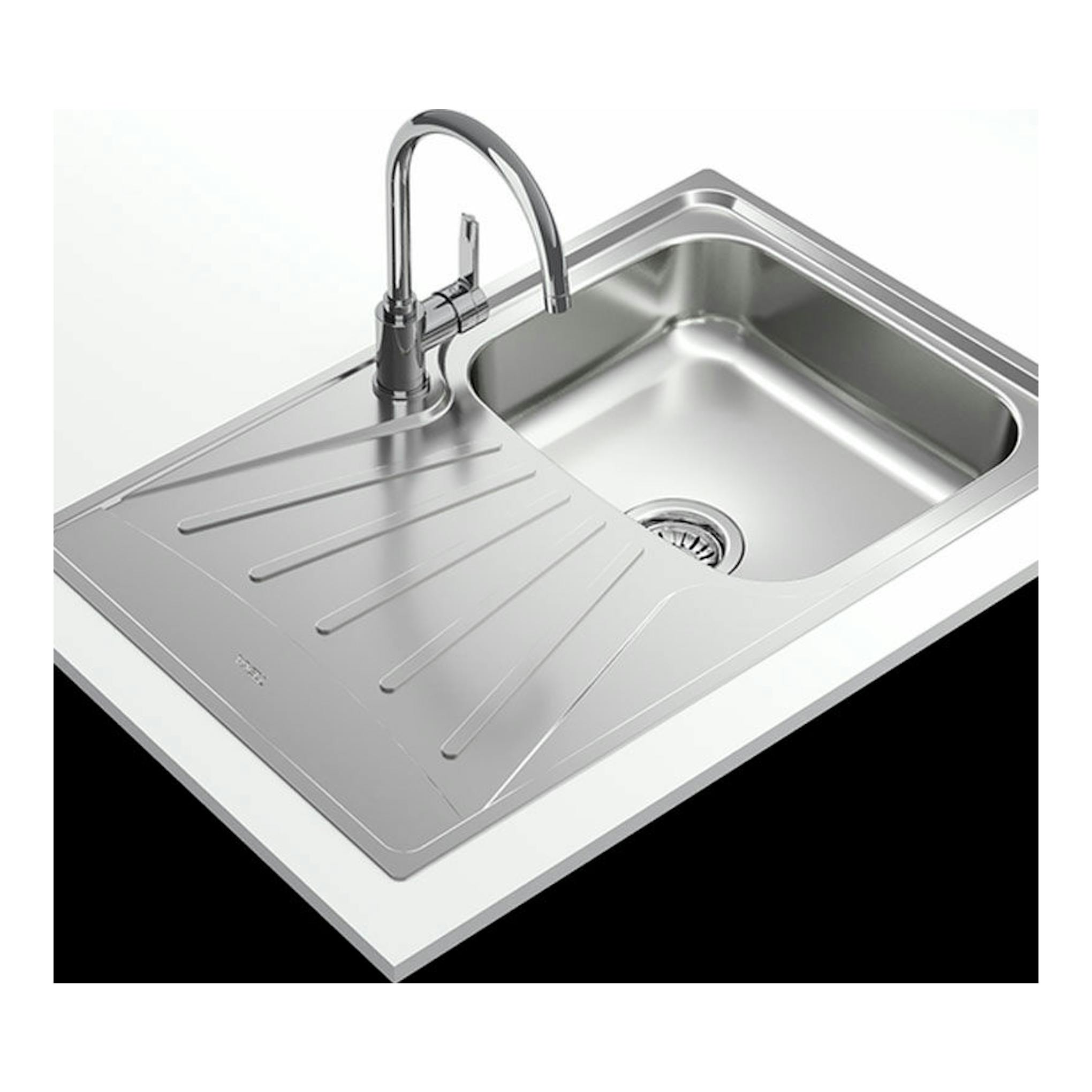 Fregadero Teka Starbright 45 E-XP reversible, vista en ángulo, acero inoxidable, una cubeta y escurridor.