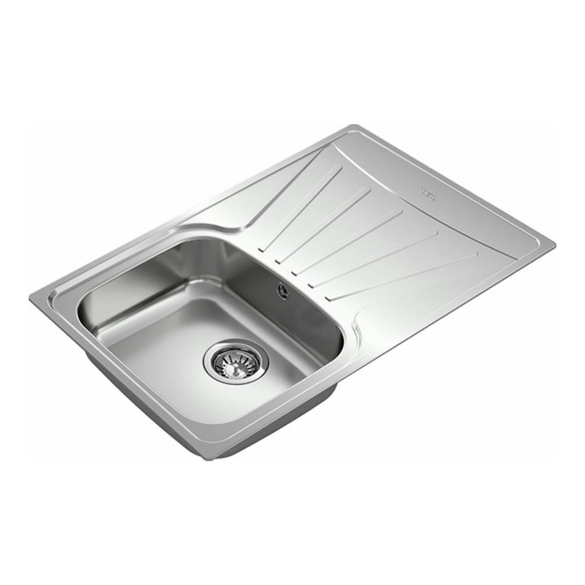 Fregadero Teka Starbright 45 E-XP 1C 1E reversible, acero inoxidable, vista en perspectiva con escurridor.