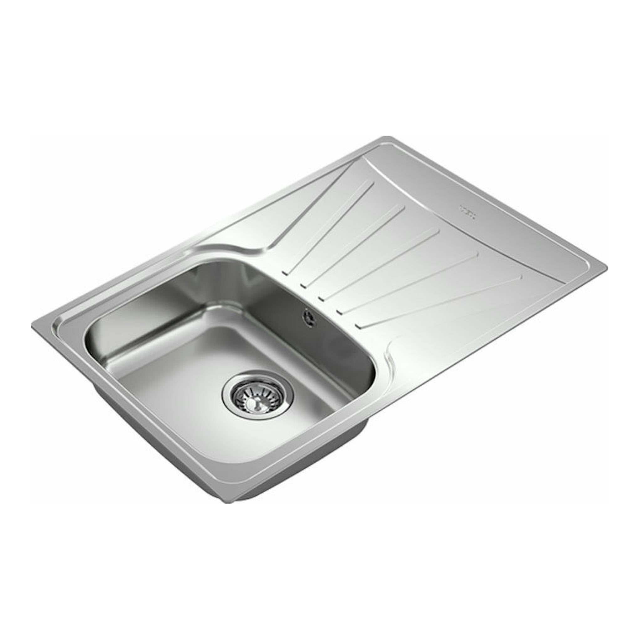 Fregadero Teka Starbright 45 E-XP 1C 1E reversible, acero inoxidable, vista en perspectiva con escurridor.