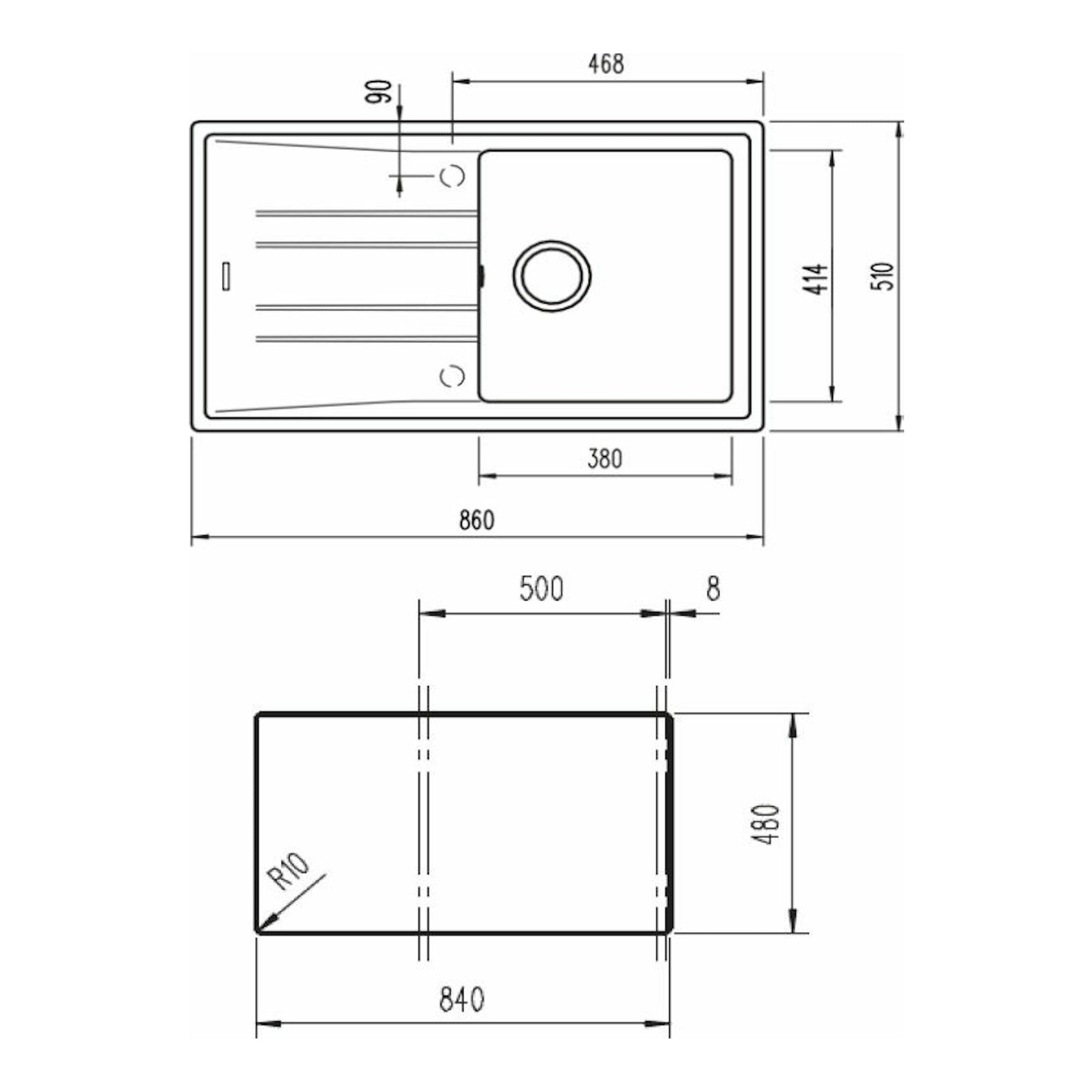 Teka STONE 50 B-TG 1C 1E gris: plano técnico de fregadero rectangular con seno y escurridor, vista superior y lateral.