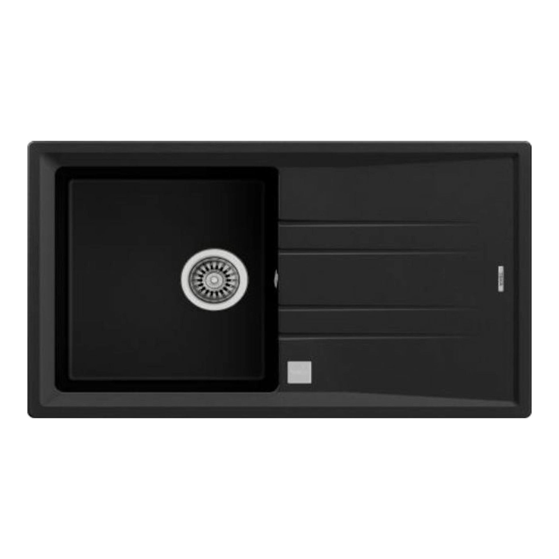 Fregadero Teka STONE 50 B-TG negro, vista cenital, con una cubeta y escurridor a la derecha.