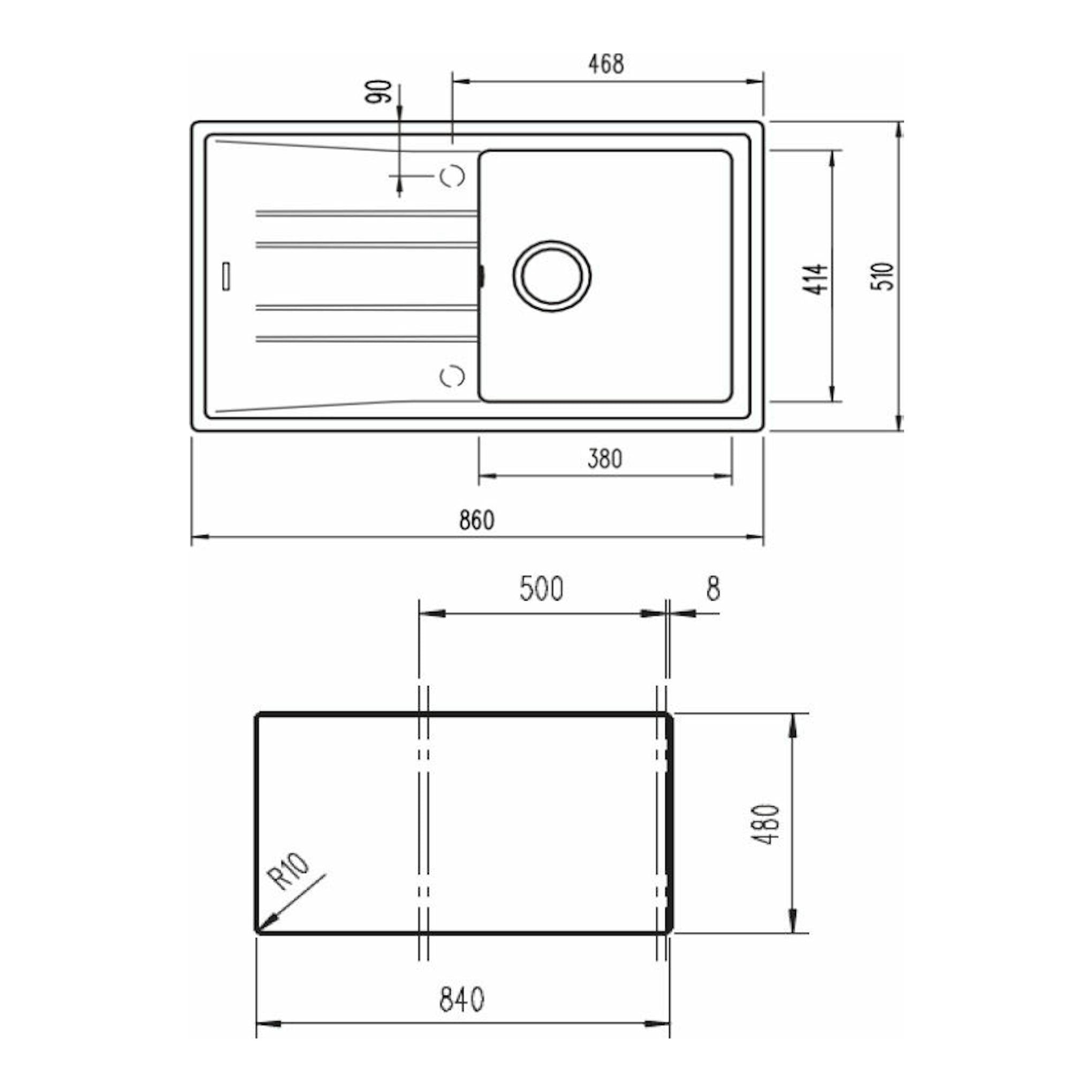Plano técnico del fregadero Teka STONE 50 B-TG 1C 1E negro, vista superior y lateral con medidas.