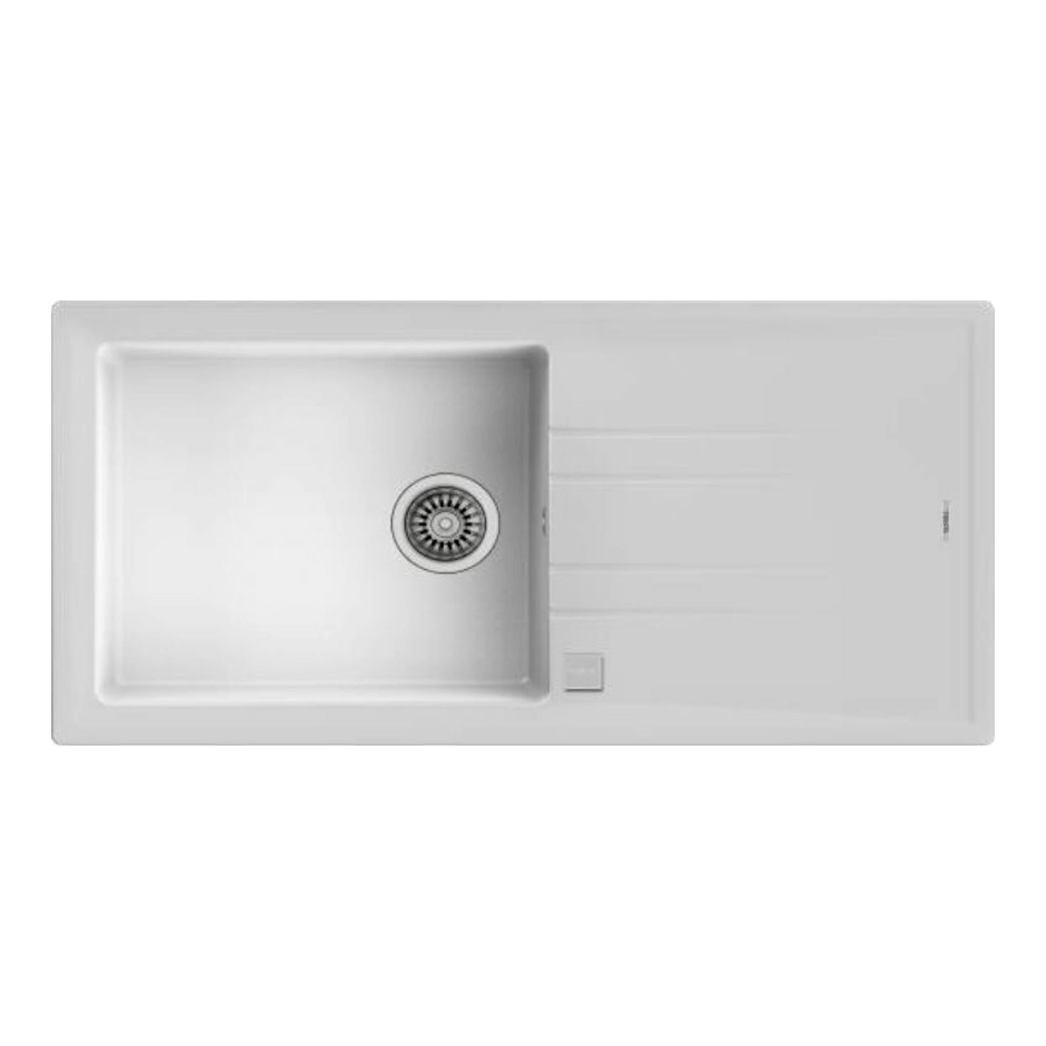 Fregadero Teka STONE 60 L-TG 1C 1E blanco, vista cenital, con cubeta izquierda y escurridor derecho.