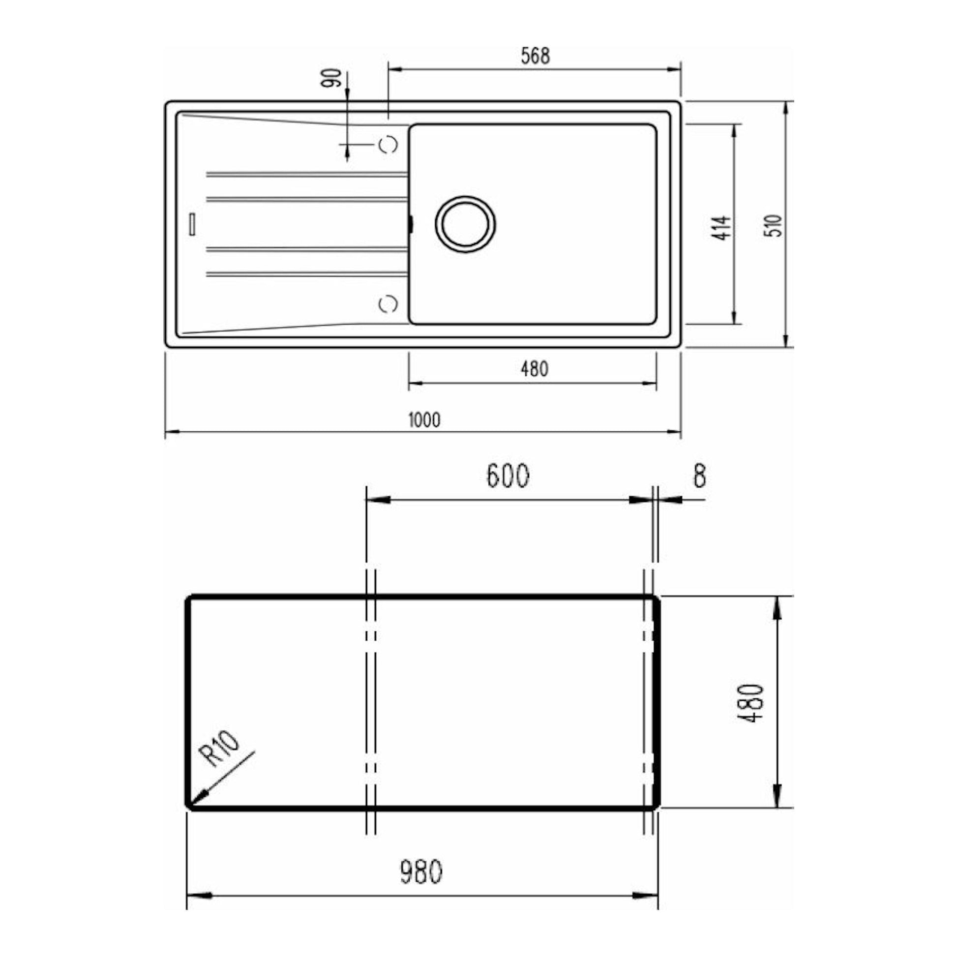 Plano técnico del fregadero Teka STONE 60 L-TG 1C 1E blanco, vista superior y lateral con medidas.