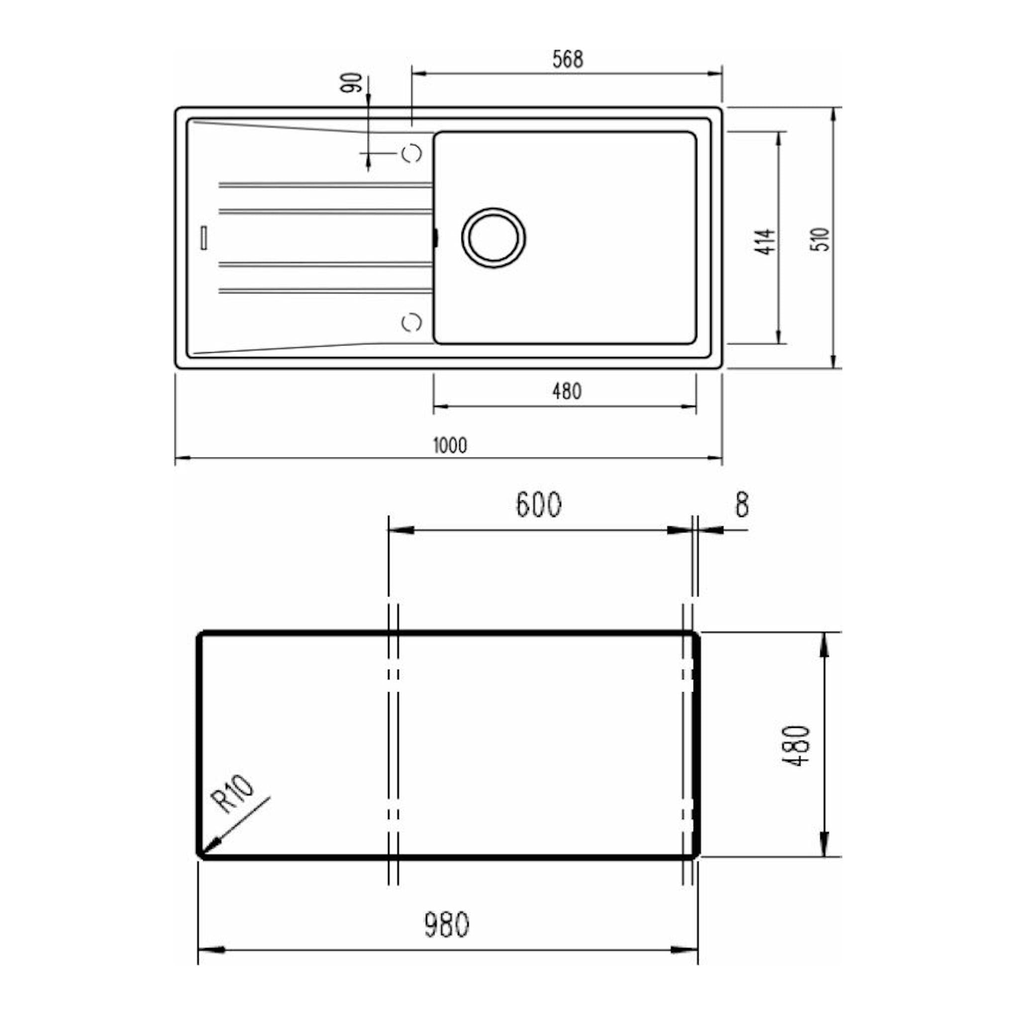 Plano técnico del fregadero Teka STONE 60 L-TG 1C 1E blanco, vista superior y lateral con medidas.