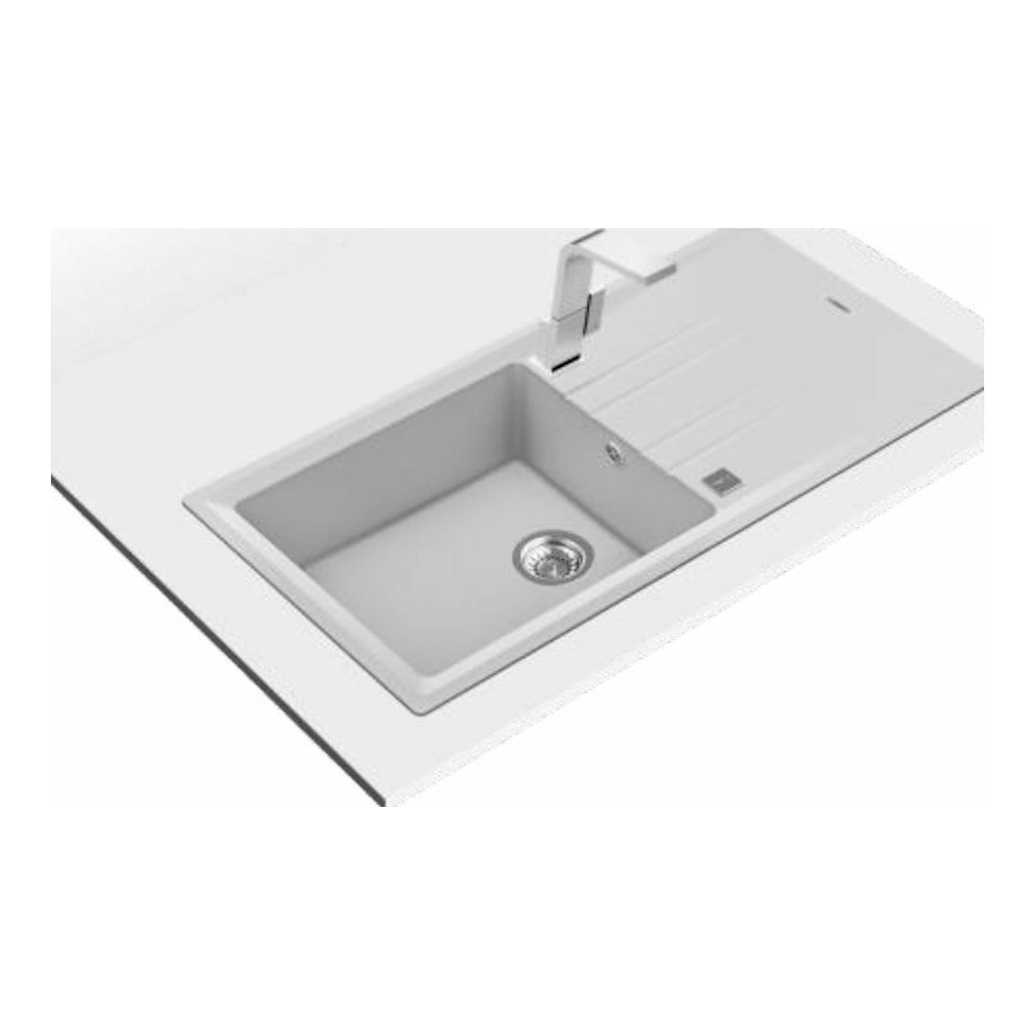 Fregadero Teka STONE 60 L-TG 1C 1E blanco, vista oblicua superior, con cubeta y escurridor.
