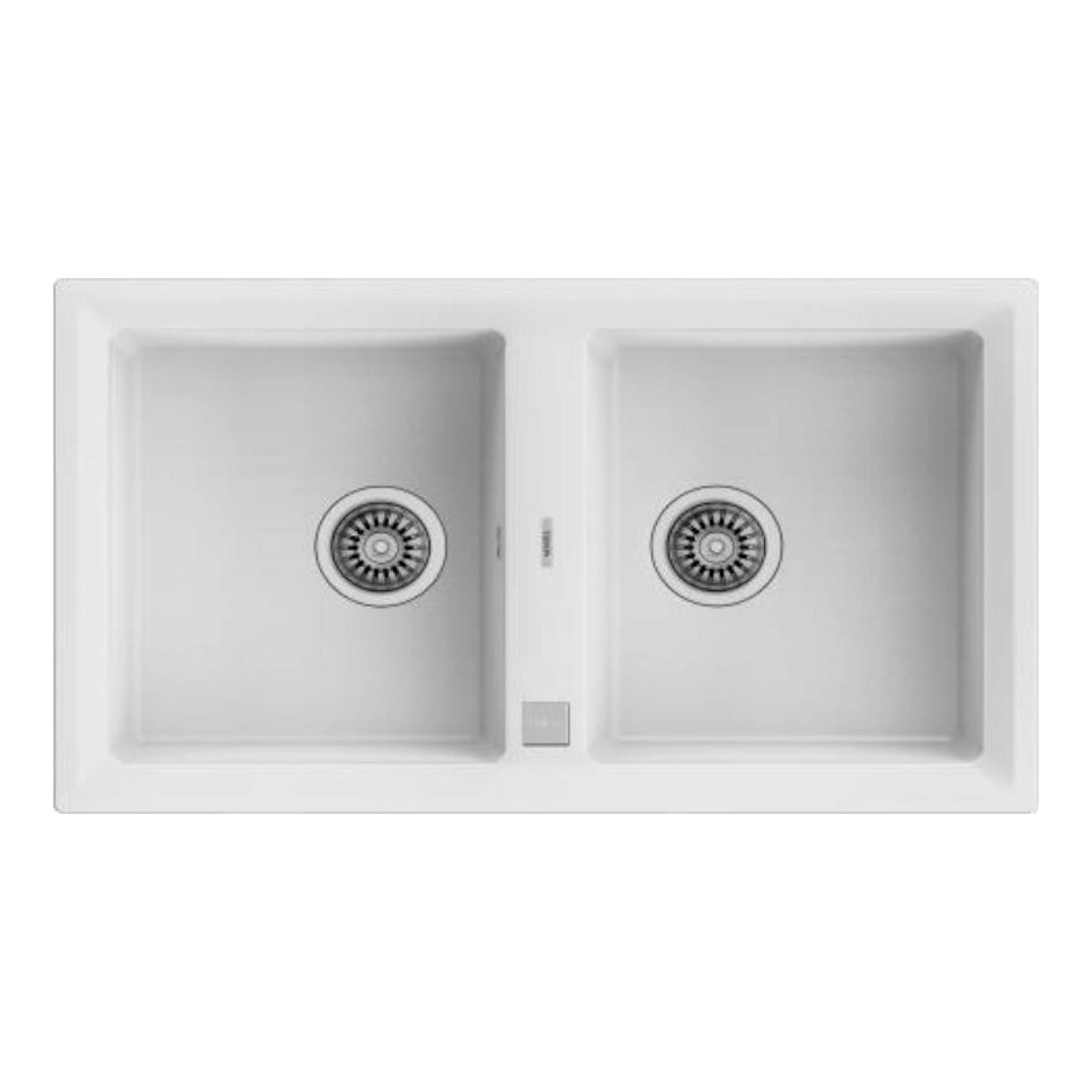 Fregadero Teka STONE 90 B-TG 2C blanco, vista cenital, con dos cubetas y desagües circulares.